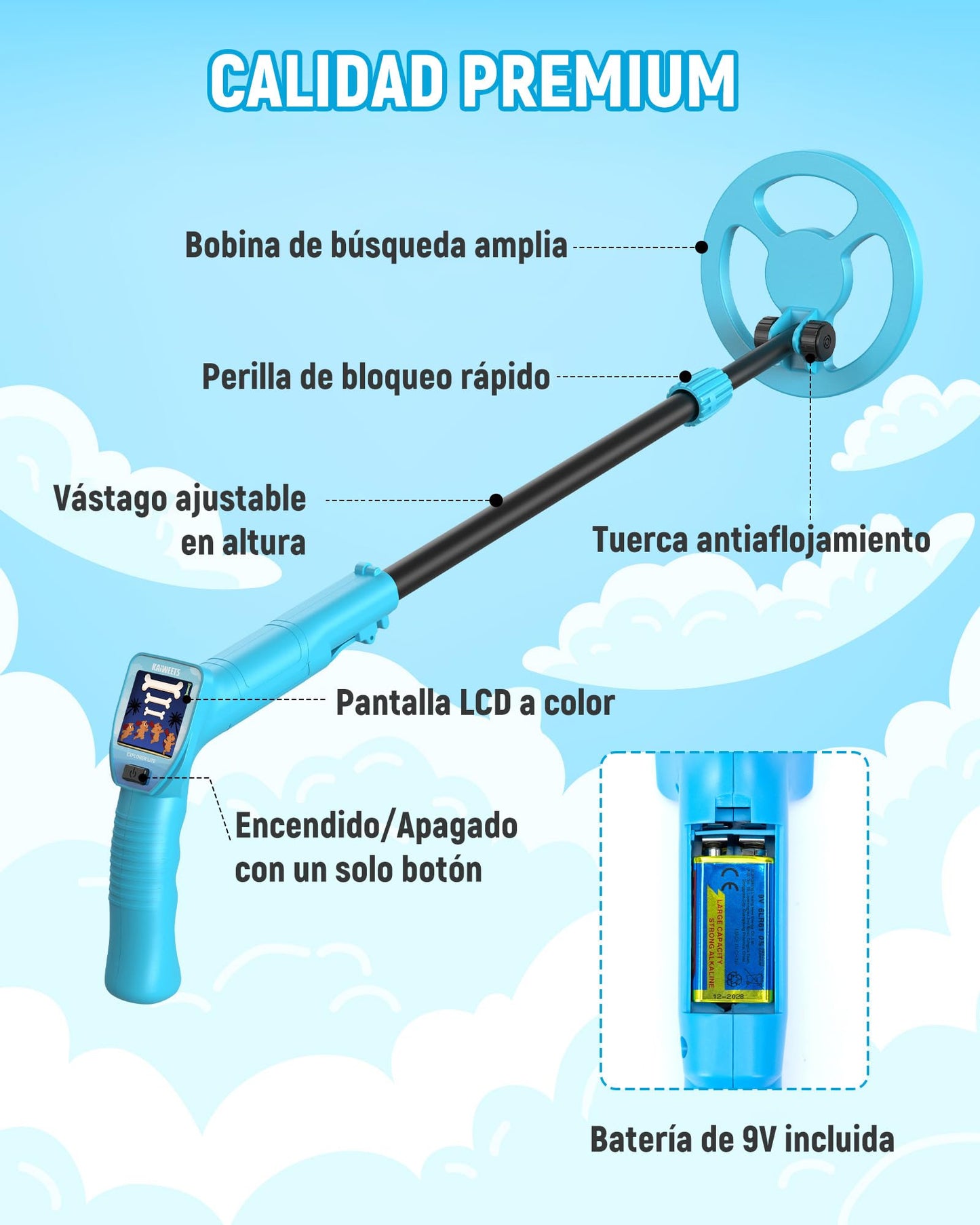 KAIWEETS Détecteur de Métaux 2025 Bleu, Écran LCD Couleur Animé, Tige Légère et Réglable, Kit de Chasse au Trésor Complet avec Sac à Dos, Pelle, Râteau & Pièces Bonus – Cadeau Parfait pour Noël, Anniv