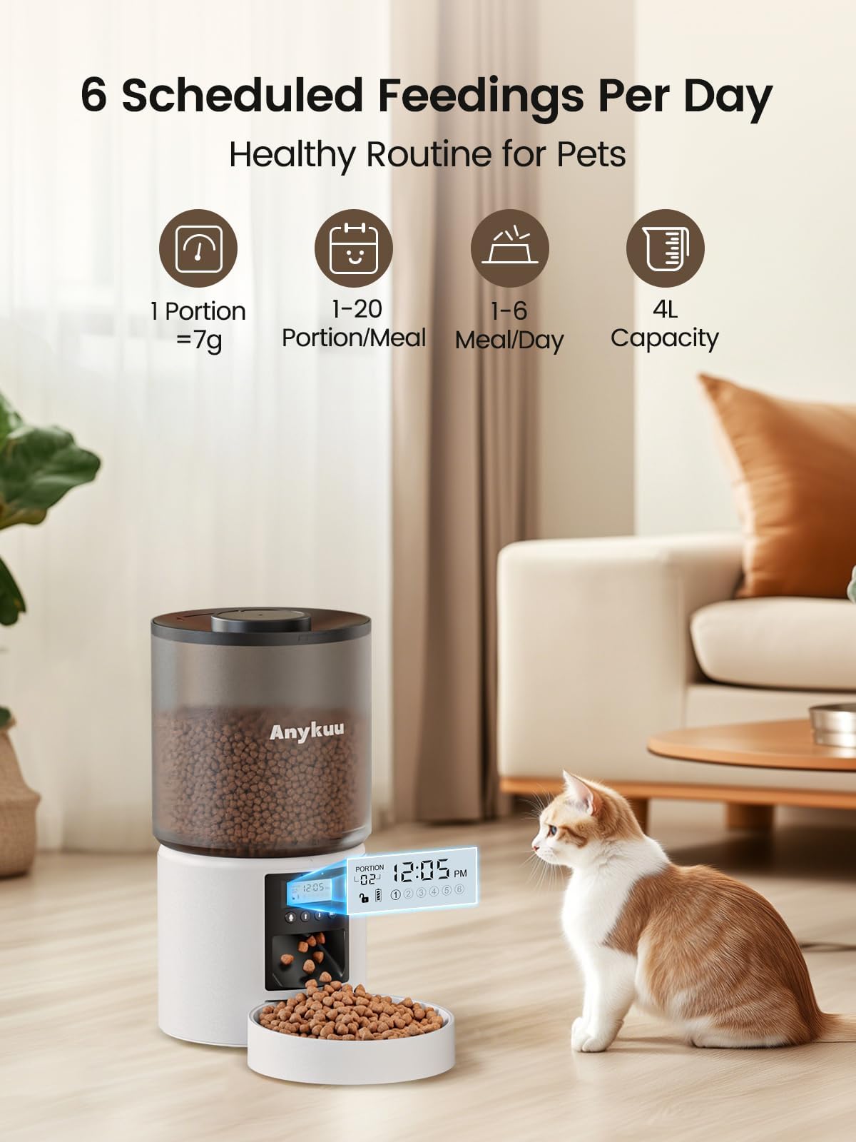 Anykuu Comedero Automático para Gatos 4L, 1-6 Comidas al Día