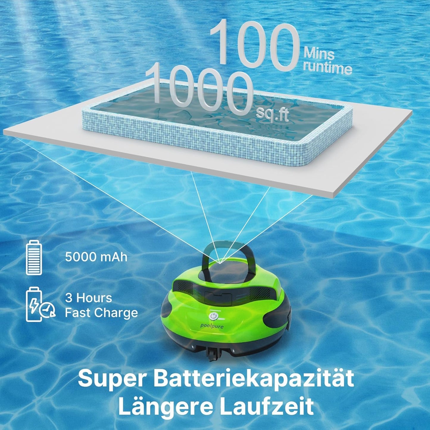POOLPURE Robot de piscina, 100 minutos de tiempo de limpieza, 90㎡, motor doble, robot de piscina inalámbrico, indicadores LED, función de autoservicio, IPX8 impermeable, para piscinas planas