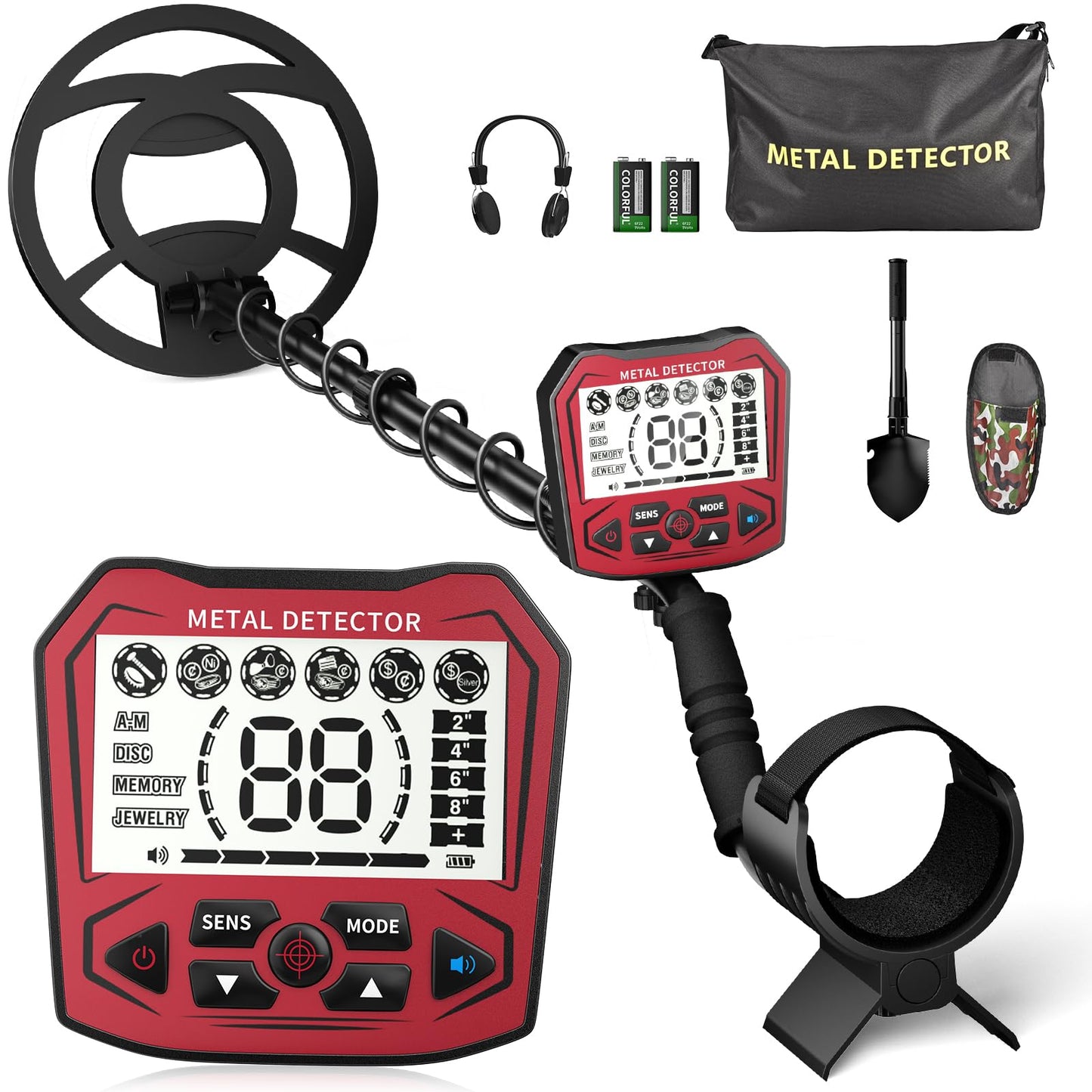 Detector de Metales Profesional para Adultos y niños, Chip antiinterferencias, Resistente al Agua IP68, soporta batería y alimentación USB, 5 Modos de detección (Rojo)