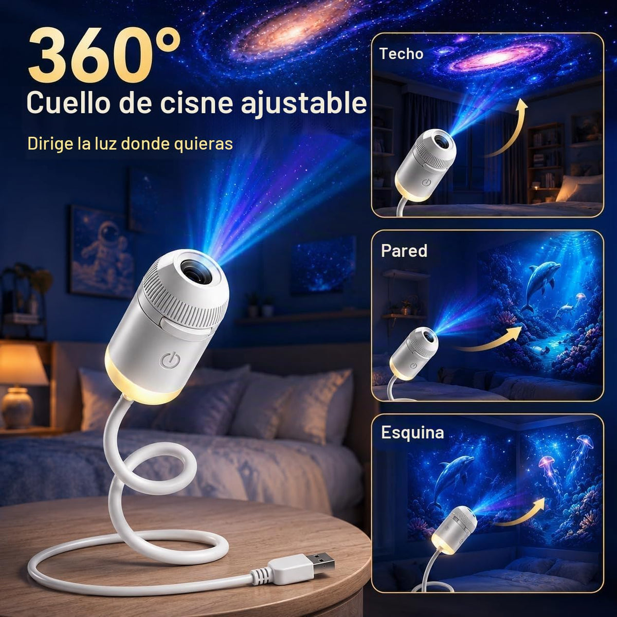 LMIX Proyector de Galaxia 2 en 1, Luz Nocturna Proyector Estrellas Usb de Cielo Estrellado Holográfico 360° 5D Galaxy Projector Night Light Lámpara de Espacio Led para Dormitorio, 24 Películas