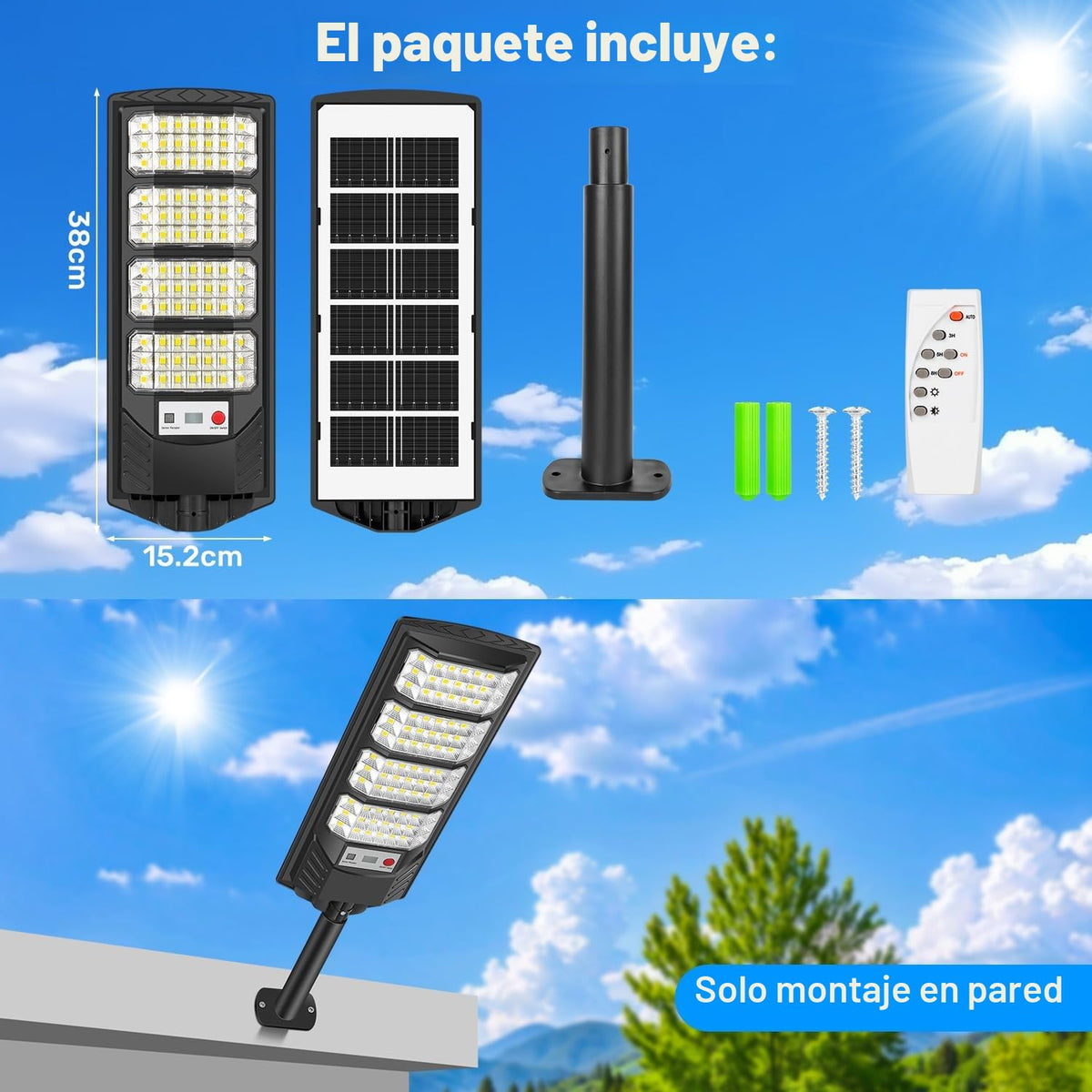 PEAKRO Farolas Solares Exterior, 600W Potente Focos LED Solar con Mando a Distancia, Sensor de Movimiento, IP66 Impermeable 6500K Luz Solar Exterior Lampara Solar Jardín para Garage Patio (2 Pack)