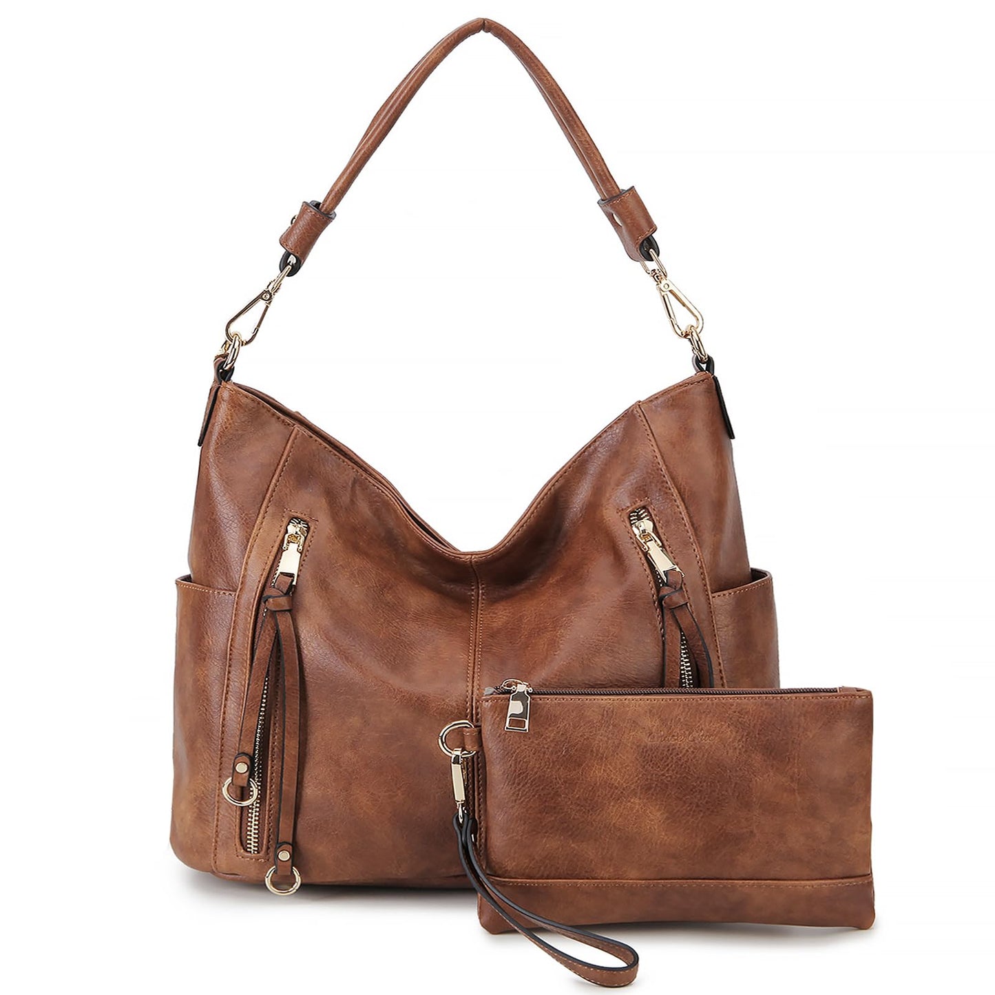 Chase Chic Bolsos de Mujer Hobo, Bolsos Bandolera Bolsos Tote Bolsos de hombro Grande PU Cuero Monedero Carteras 2pcs Set Marrón