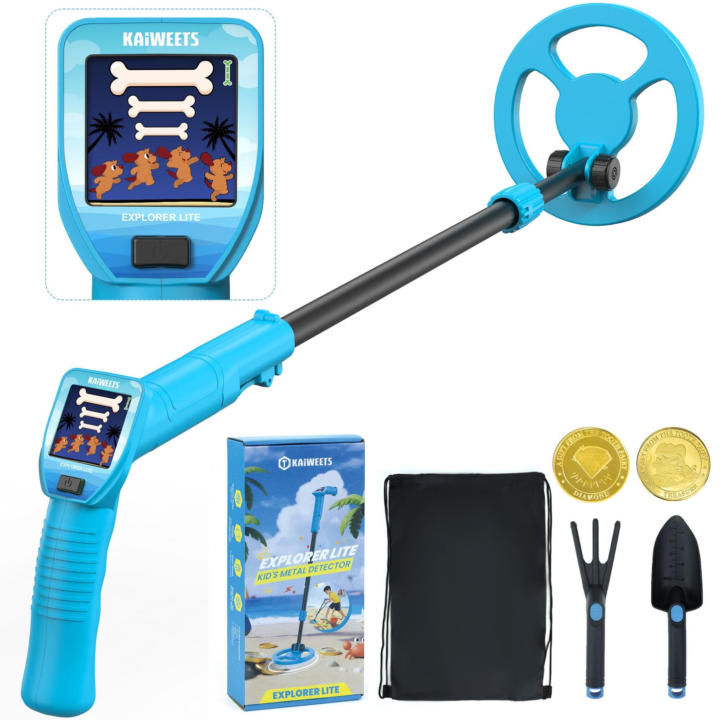 KAIWEETS Détecteur de Métaux 2025 Bleu, Écran LCD Couleur Animé, Tige Légère et Réglable, Kit de Chasse au Trésor Complet avec Sac à Dos, Pelle, Râteau & Pièces Bonus – Cadeau Parfait pour Noël, Anniv