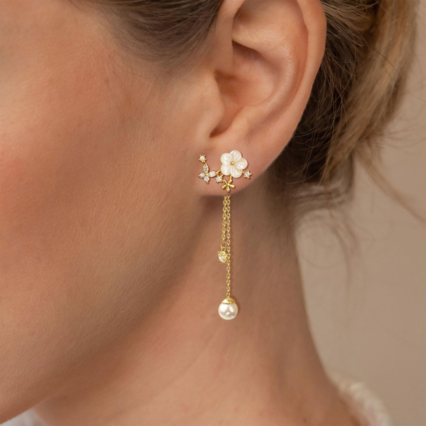 Pendientes Perlas Flores Pedrería Pendientes Oro Mujer Colgantes Dorados Earrings for Women Largos para San valentin, Cumpleaños, Regalo, Boda