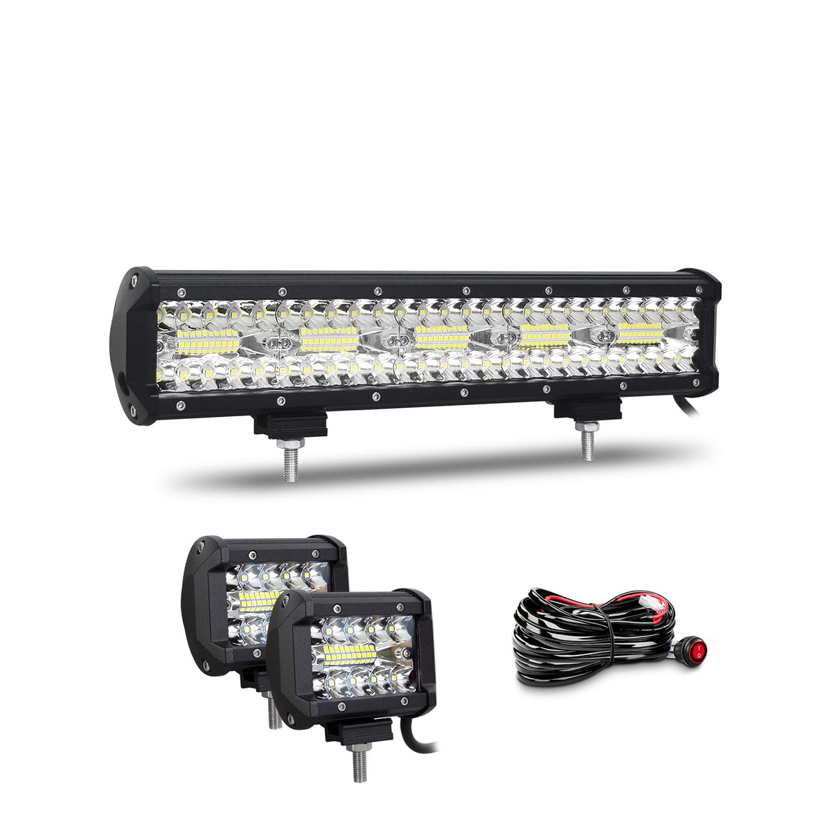 Willpower Barra LED 4x4 15" 300W + Focos LED Tractor 4" 12V 24V, Cableado