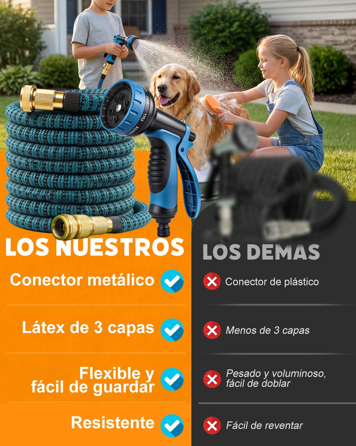 Evviee Manguera Jardin Extensible, Manguera Extensible 30 Metros con 10 Boquillas de Patrón de Pulverización Conector de Latón Tela 3750D Manguera, Adaptadores de 1/2" y 3/4" para Jardinería