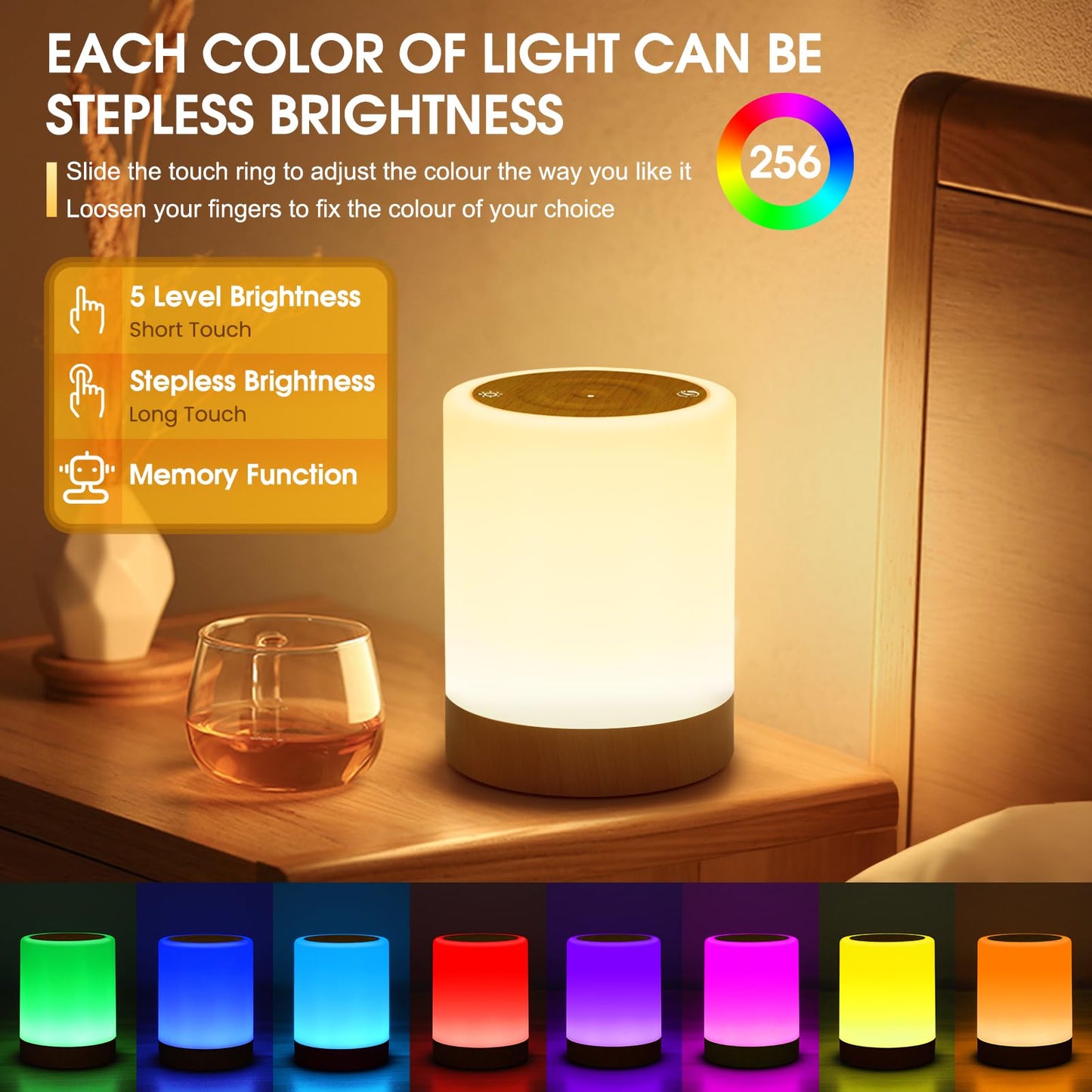 NIWOHOM Lamparas de Mesita de Noche, 256 RGB Color y 5 Modos,Recargable USB