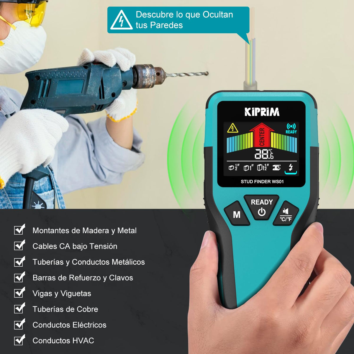 KIPRIM Detector De Pared 5 En 1, Metales Vigas Madera Y Cables AC IP54 LCD