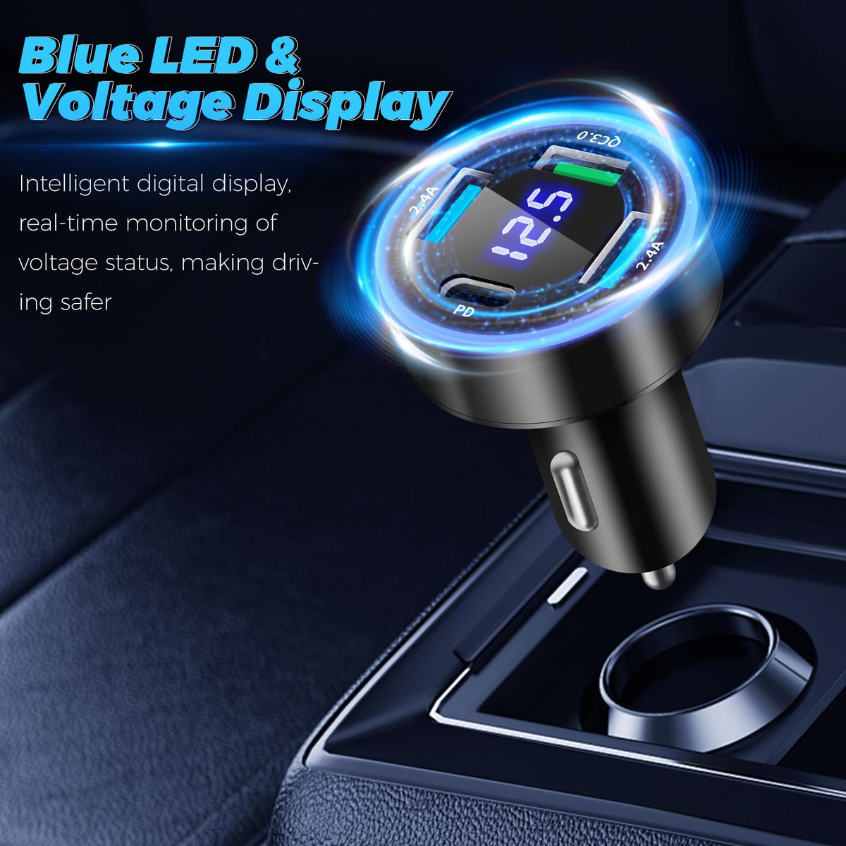 Cargador Móvil Coche 4 Puertos, 50W QC3.0 & PD USB Carga Rápida Con Voltímetro LED Para iPhone, Android, Samsung