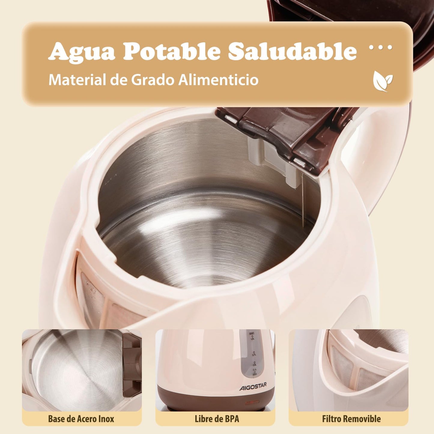 Aigostar Hervidor Agua Electrico Pequeño, Portatil & Compacto, Marrón