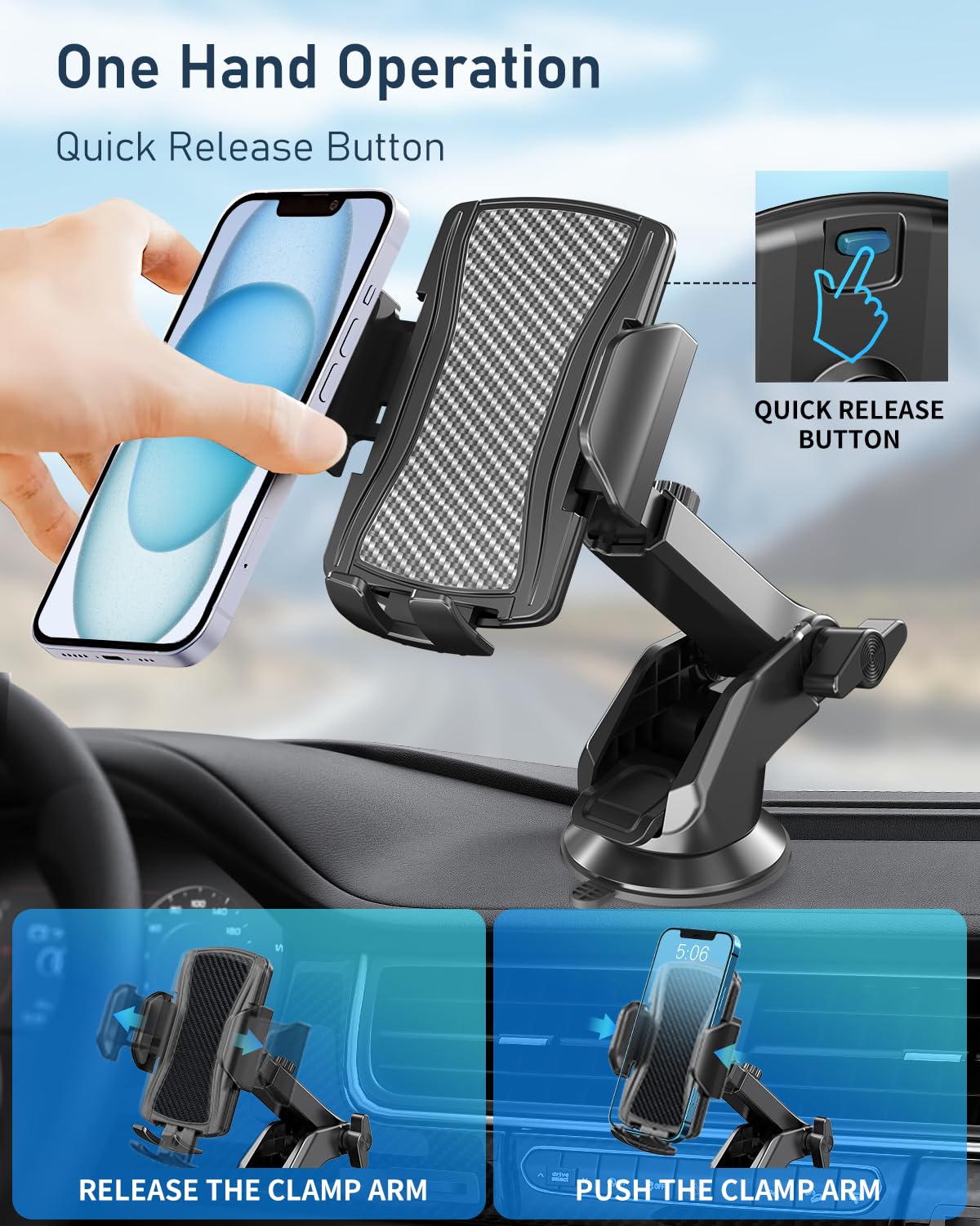 Hoppac Soporte Móvil Coche, Potente Ventosa Suporte Telemovel Carro Salpicadero & Parabrisas, Rotación de 360 Grados y Liberación de un Botón, Sujeta Porta para Teléfono 4-7 in