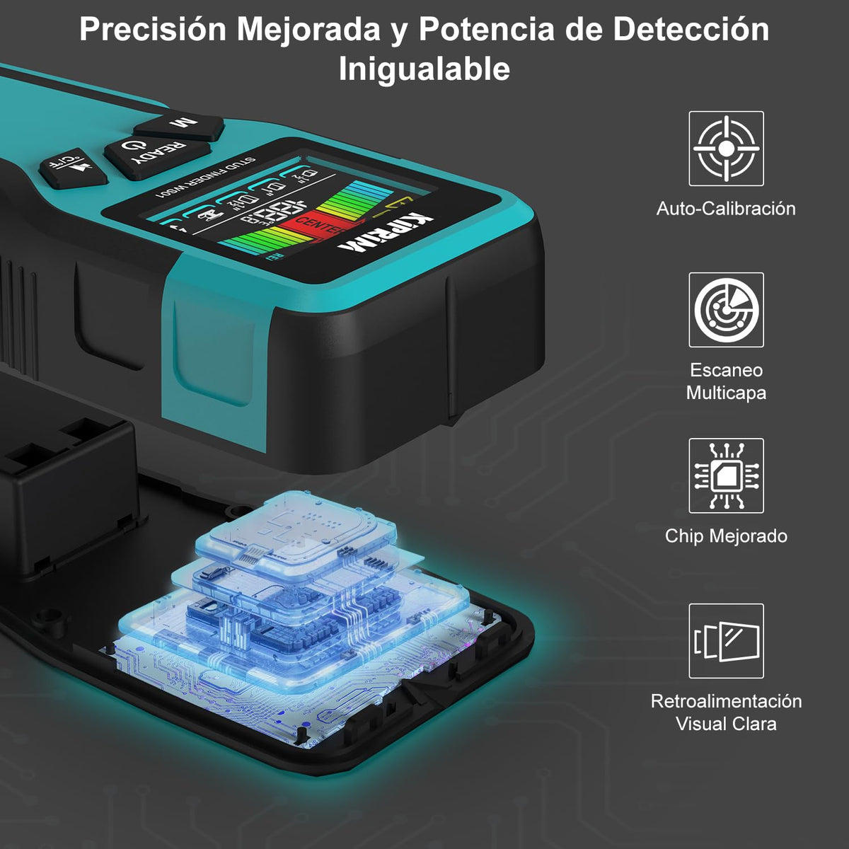 KIPRIM Detector De Pared 5 En 1, Metales Vigas Madera Y Cables AC IP54 LCD