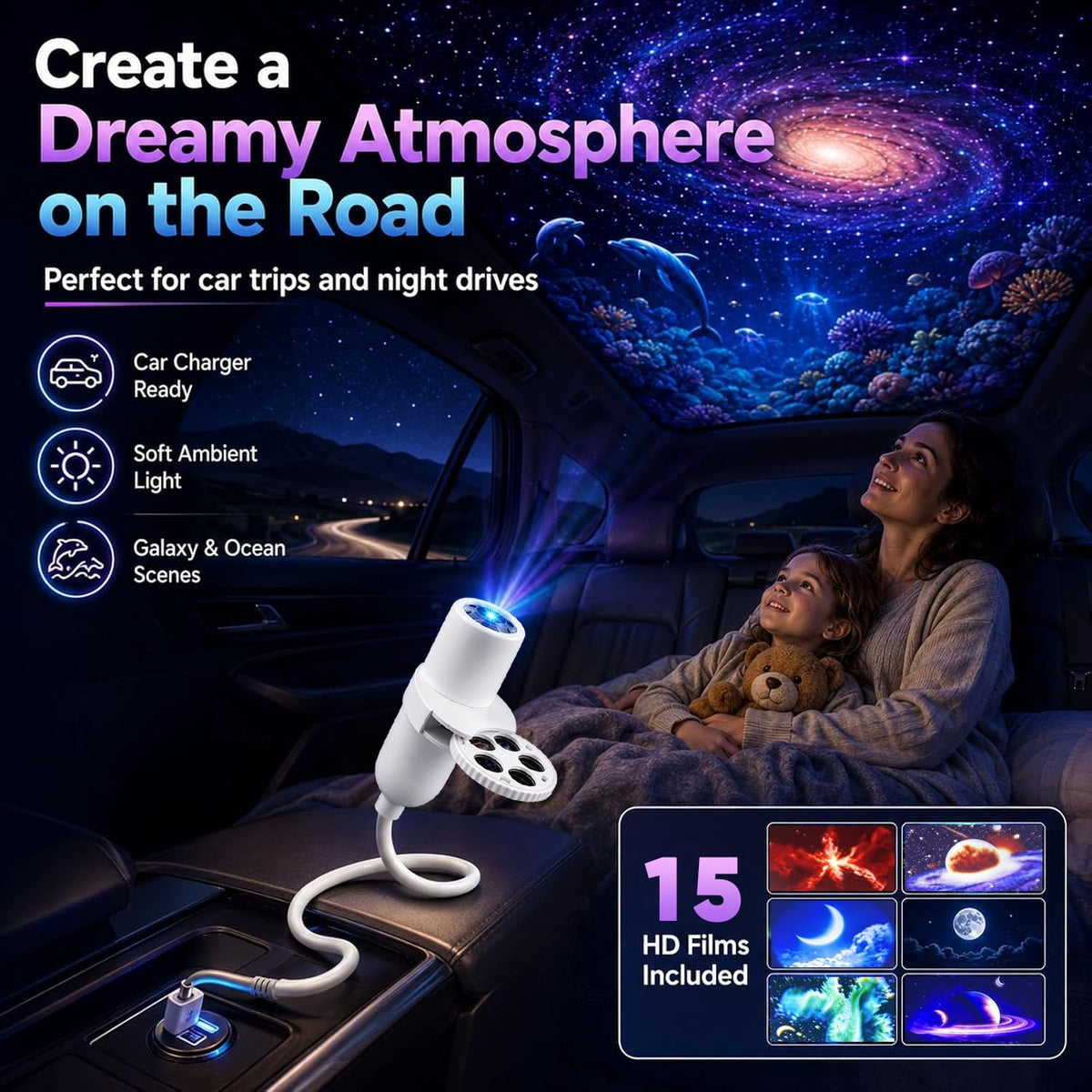 KQLHLHDYZ Proyector de luz nocturna, proyector de luz nocturna holográfica HD dinámico 5D, proyector de estrellas HD Plug and Play, proyector HD ajustable de 360° para techo de dormitorio