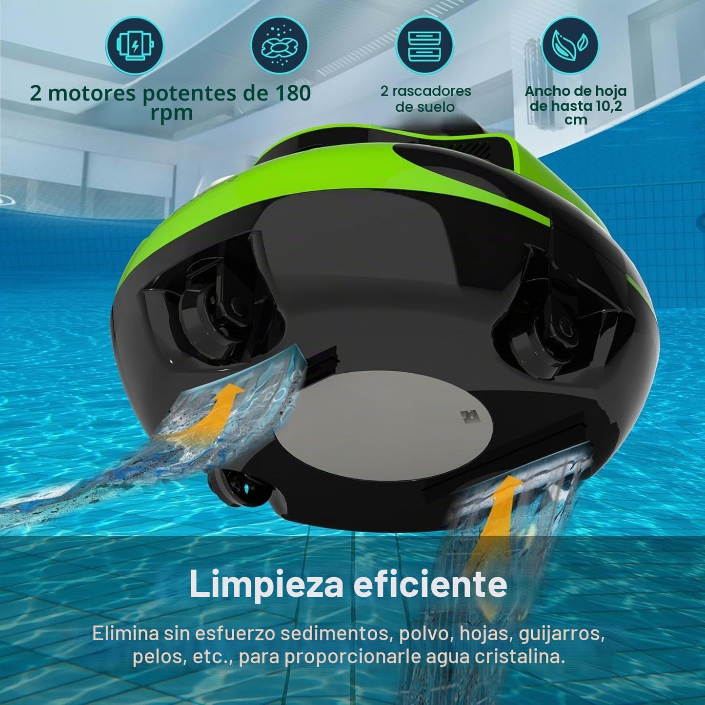 POOLPURE Robot de piscina, 100 minutos de tiempo de limpieza, 90㎡, motor doble, robot de piscina inalámbrico, indicadores LED, función de autoservicio, IPX8 impermeable, para piscinas planas