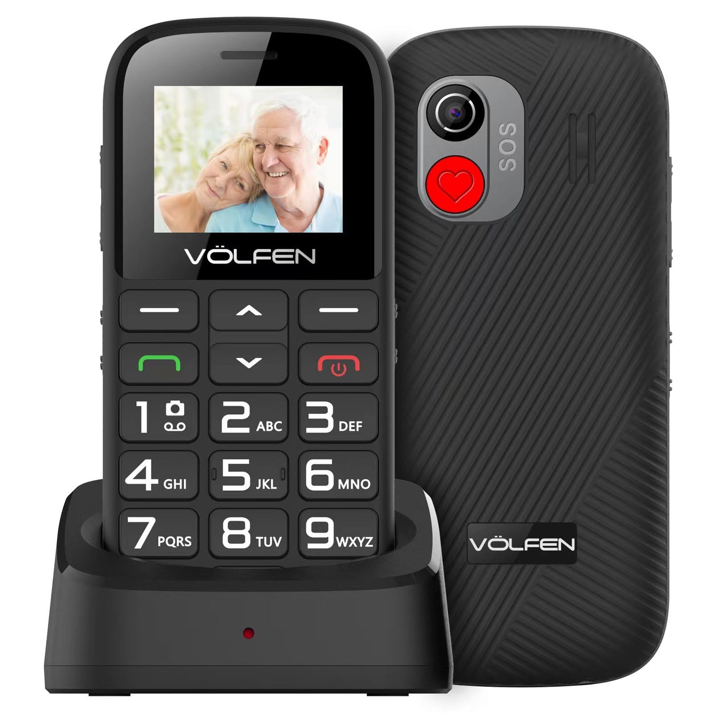 Astro SR - Teléfono Móvil para Personas Mayores con Botón SOS y Base Cargadora, Teclas Grandes Volumen Alto, USB-C, Teclado con Voz, Batería 1400mAh, Fácil de Usar Celular para Ancianos – Color Negro
