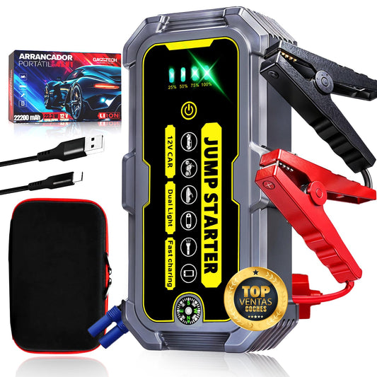 GARRTECH® SUPER Arrancador De Baterias De Coche 10.000A ULTRA RÁPIDO | Arrancador De Coches 12V Para Motor 10L Gas o 9.0L Diésel | Arrancador De Coches Portatil con pinzas | Linterna Led De Emergencia
