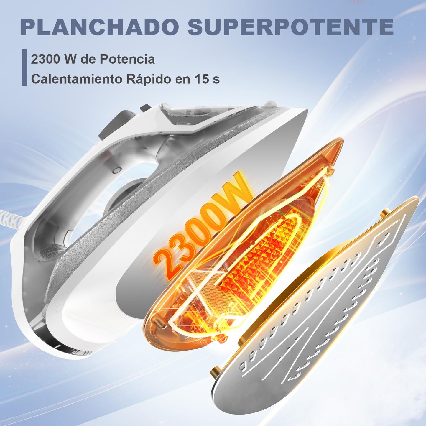Plancha Vapor de 2300 W con Suela Antiadherente de Calentamiento Rápido, Depósito de Agua de 300ml, Vapor Continuo 25 g/min, Golpe de Vapor 150 g/min, Autolimpieza, Antical y Antigoteo Plancha de Ropa