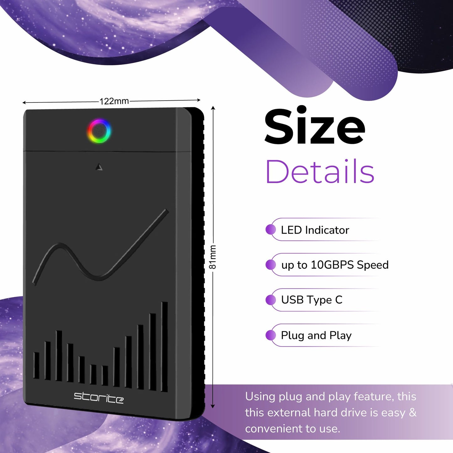 Storite - Disco Duro Externo Portátil Tipo C De 500 GB, Almacenamiento De Copia De Seguridad HDD De 2,5" con Transferencia De Datos Rápida USB 3.1/USB C, Compatible con Teléfono, Xbox One (Negro)