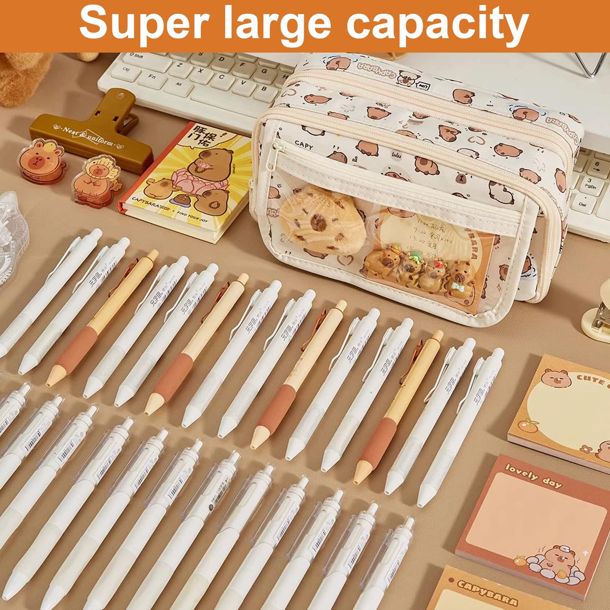 Capybara - Estuche Multicapa de Gran Capacidad con Llavero de muñeca Capybara, broches, Pegatinas, 2 en 1, Estuche extraíble con Cremallera