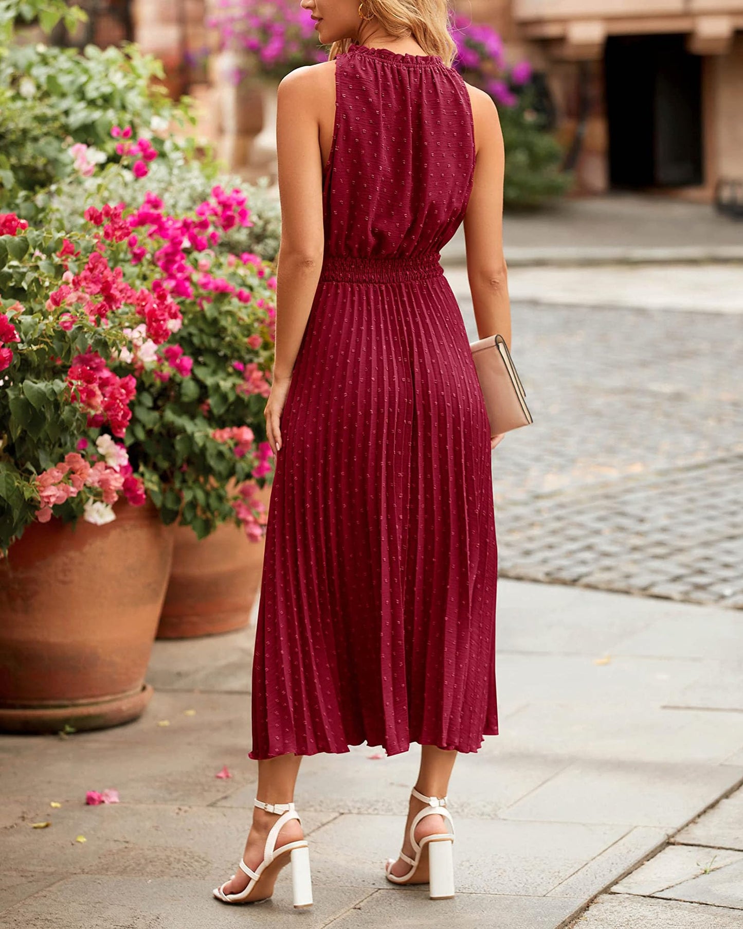 QUNERY Vestidos Verano Mujer Sin Mangas Vestido Largo Cuello en V Elegante Dress Volante de Lunares Suizos Elástica Cintura Alta Casual Rojo Oscuro M