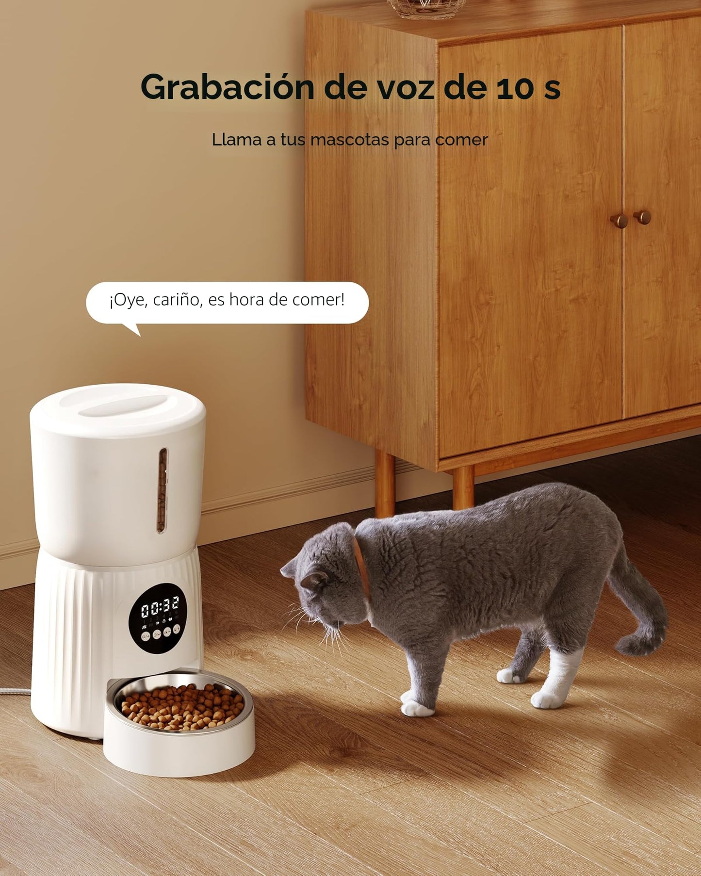 Comedero Gato Automatico, Faroro 4L Dispensador Comida Gatos/Perros con 1 a 6 Comidas Al Día, Control de Porciones, Voz 10s, Alimentación Lenta (Blanco)