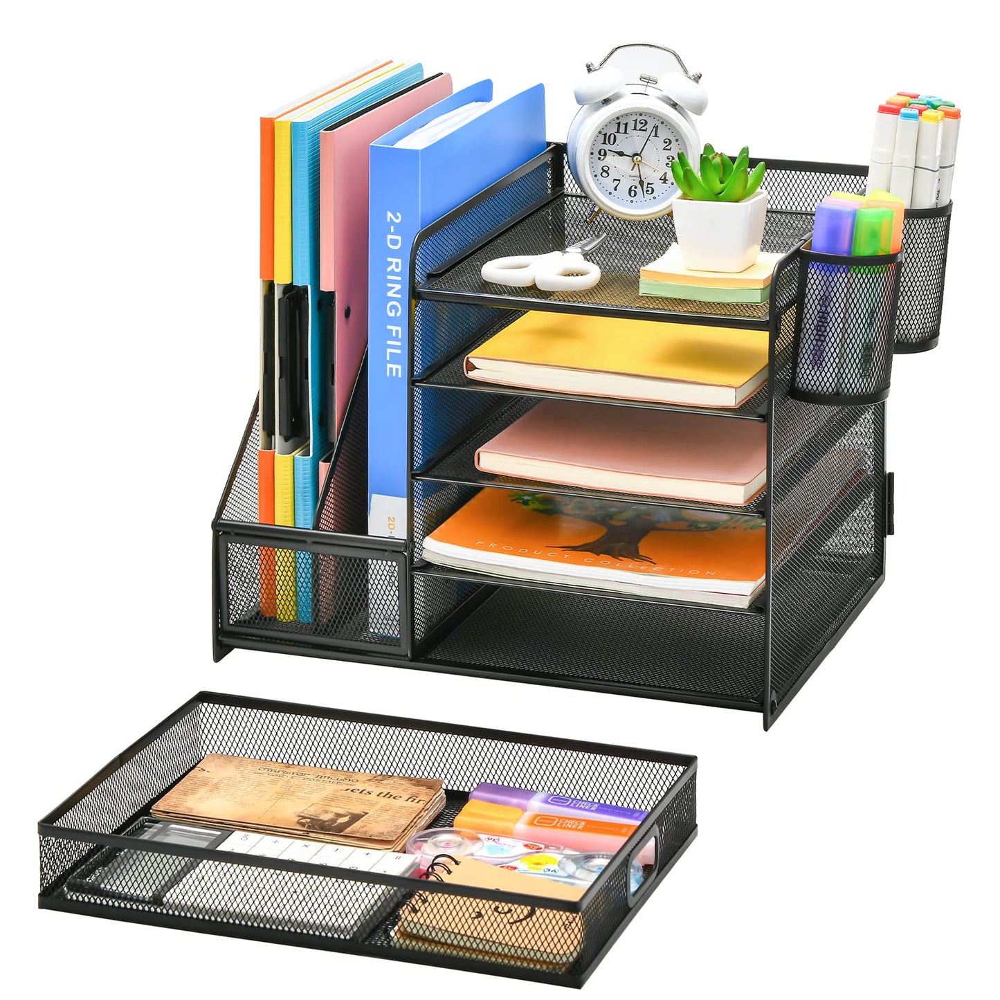 Marbrasse Organizador Escritorio,5 Niveles Bandeja para Cartas con Cajón y 2 Portalápices,Escritorio Organizador con Revistero para Oficina Hogar (Negro con Cajon)