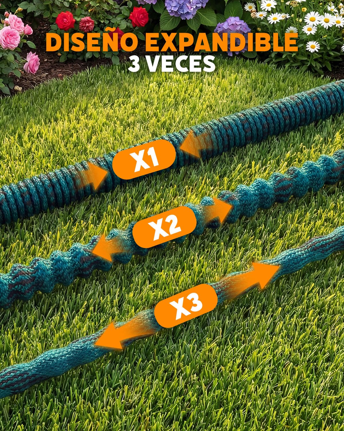 Evviee Manguera Jardin Extensible, Manguera Extensible 30 Metros con 10 Boquillas de Patrón de Pulverización Conector de Latón Tela 3750D Manguera, Adaptadores de 1/2" y 3/4" para Jardinería