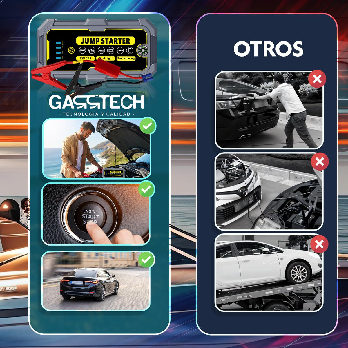 GARRTECH® SUPER Arrancador De Baterias De Coche 10.000A ULTRA RÁPIDO | Arrancador De Coches 12V Para Motor 10L Gas o 9.0L Diésel | Arrancador De Coches Portatil con pinzas | Linterna Led De Emergencia
