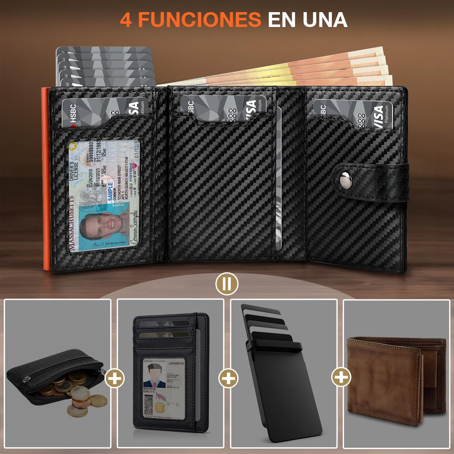 TENBST Carteras para Hombre | Tarjetero Cartera Hombre con Monedero & Bloqueo RFID | Tarjeteros para Tarjetas de Credito | Billeteras para Hombre | Regalo Hombre - Fibra de Carbon (Negro-Naranja)