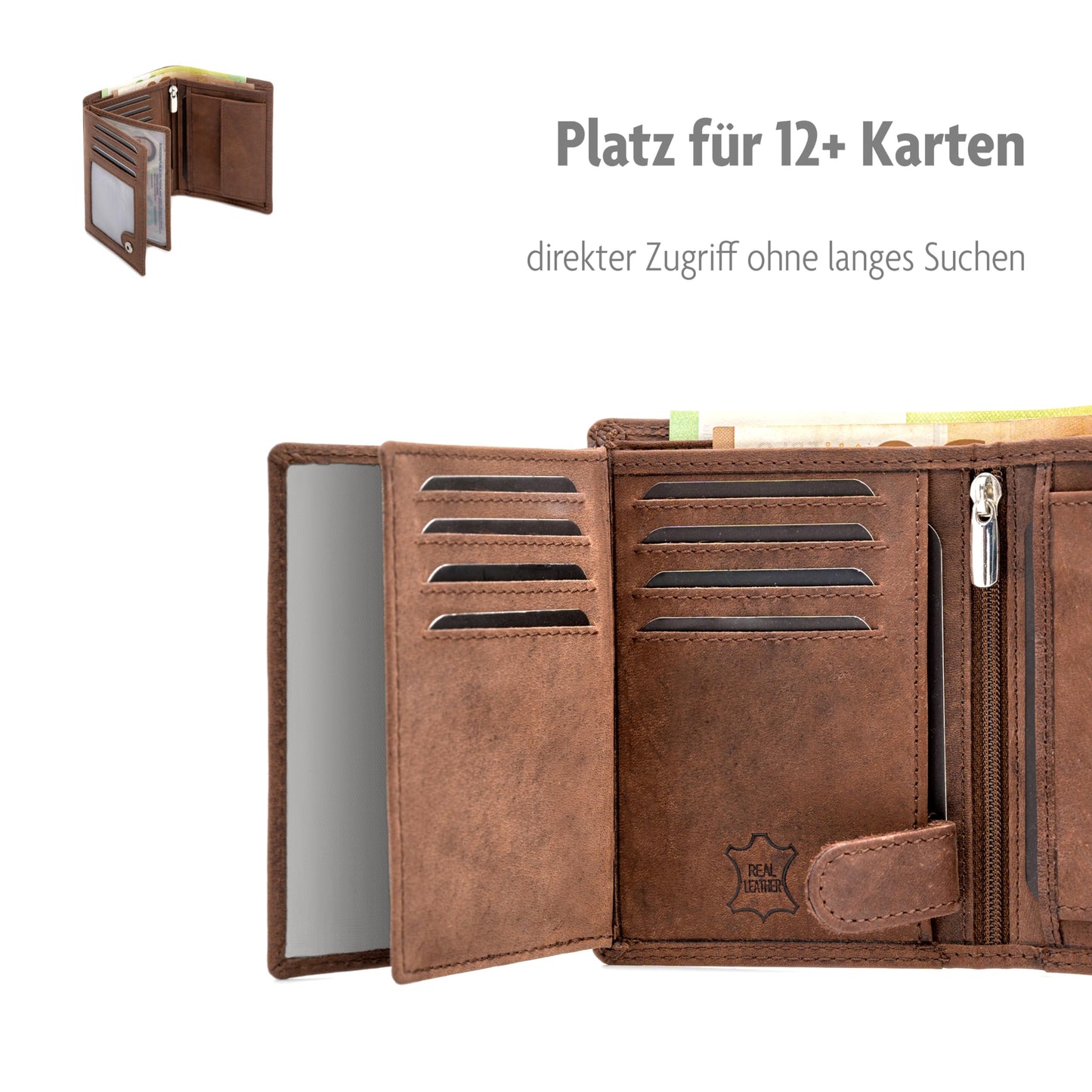 FA.Volmer ® Cartera de auténtica Piel de búfalo, Cartera Grande para Hombre y Mujer, protección RFID con certificación TÜV, Color: marrón, Formato Vertical