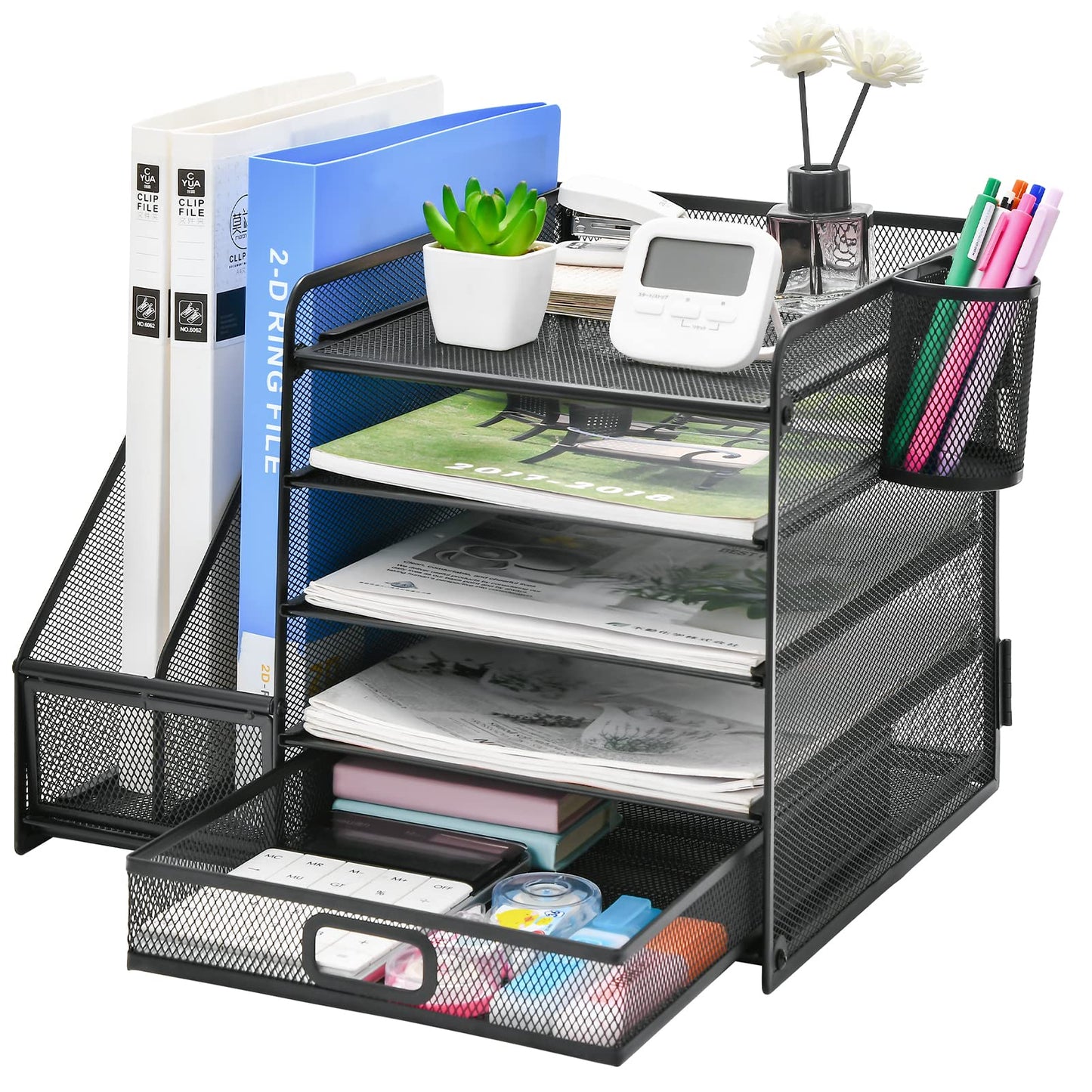 Marbrasse Organizador Escritorio,5 Niveles Bandeja para Cartas con Cajón y 2 Portalápices,Escritorio Organizador con Revistero para Oficina Hogar (Negro con Cajon)