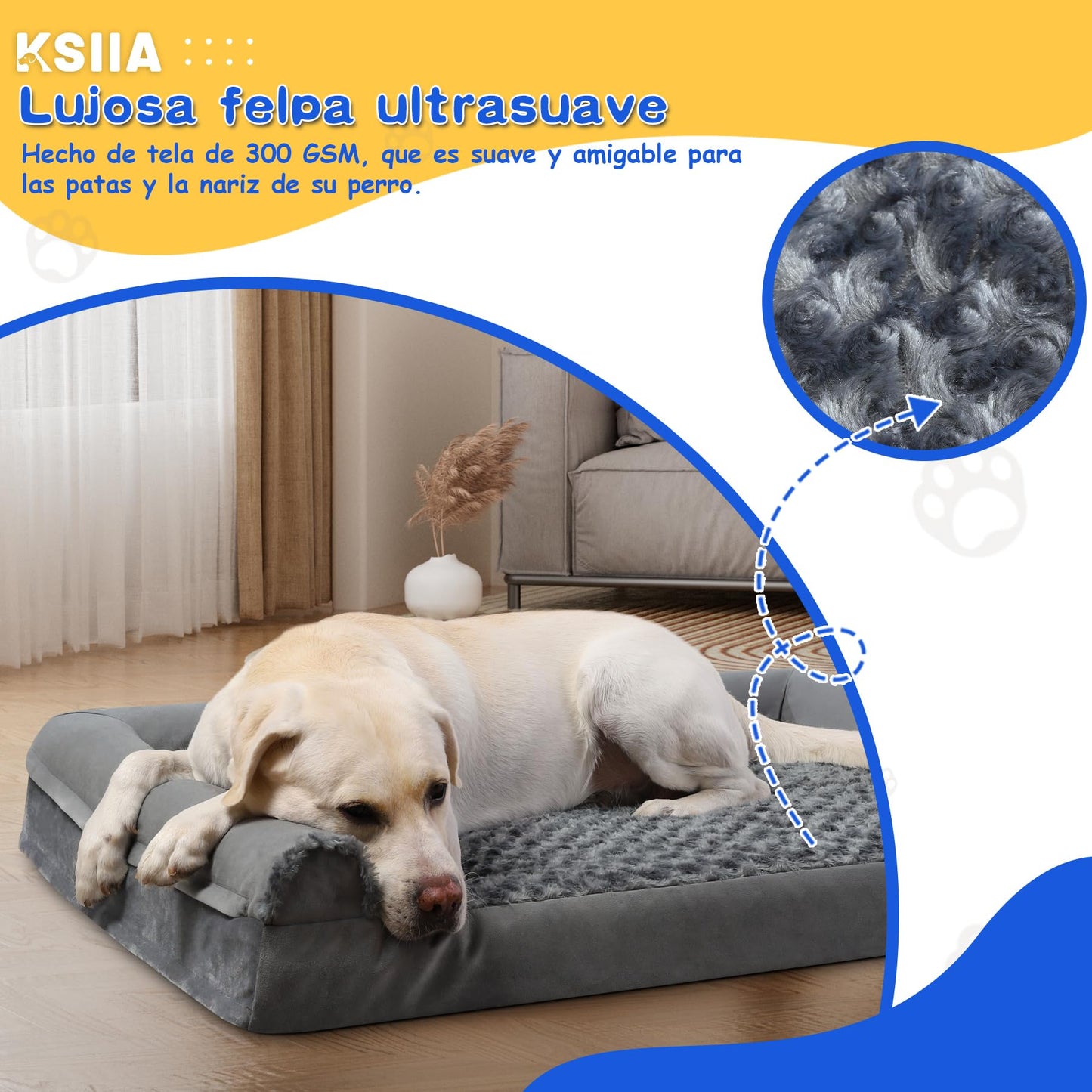 KSIIA Cama Perro Grande, Cama Ortopédica para Perros (90x57x16cm) Desenfundable y Lavable, Sofá para Perros, Gris, L