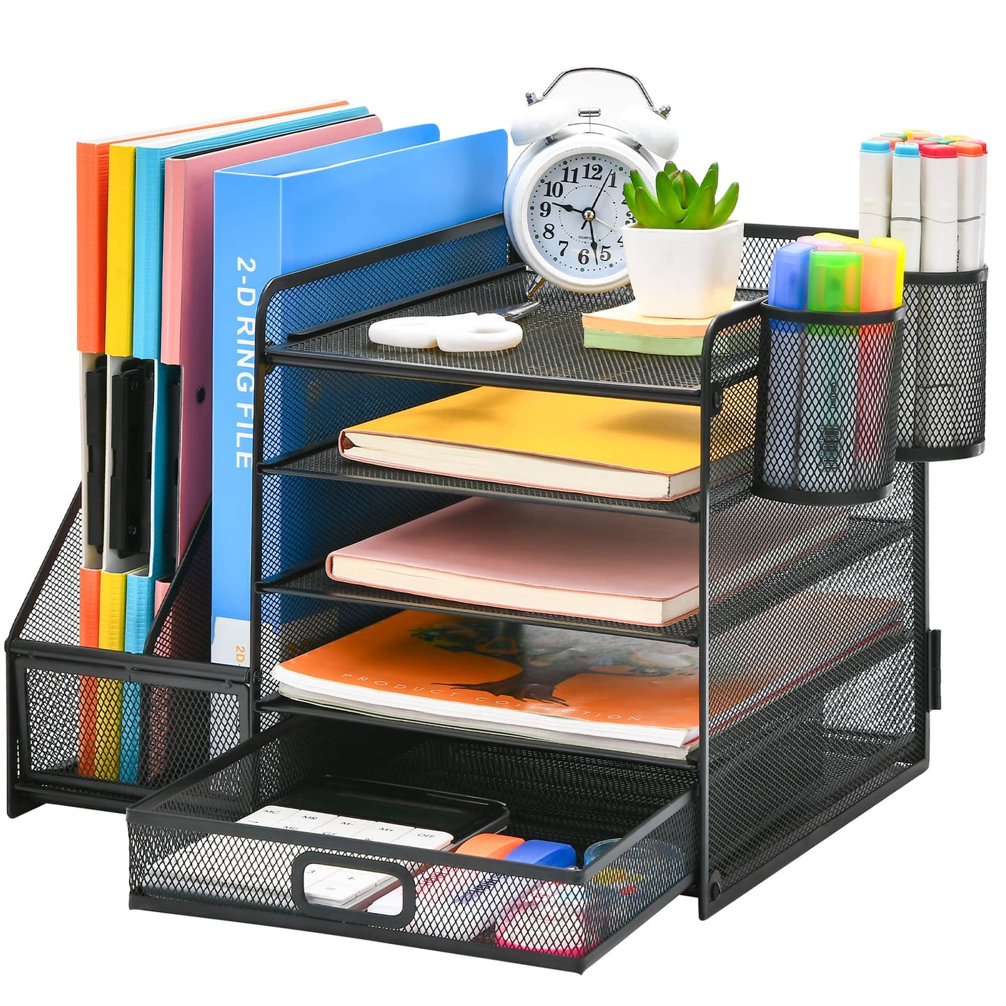 Marbrasse Organizador Escritorio,5 Niveles Bandeja para Cartas con Cajón y 2 Portalápices,Escritorio Organizador con Revistero para Oficina Hogar (Negro con Cajon)