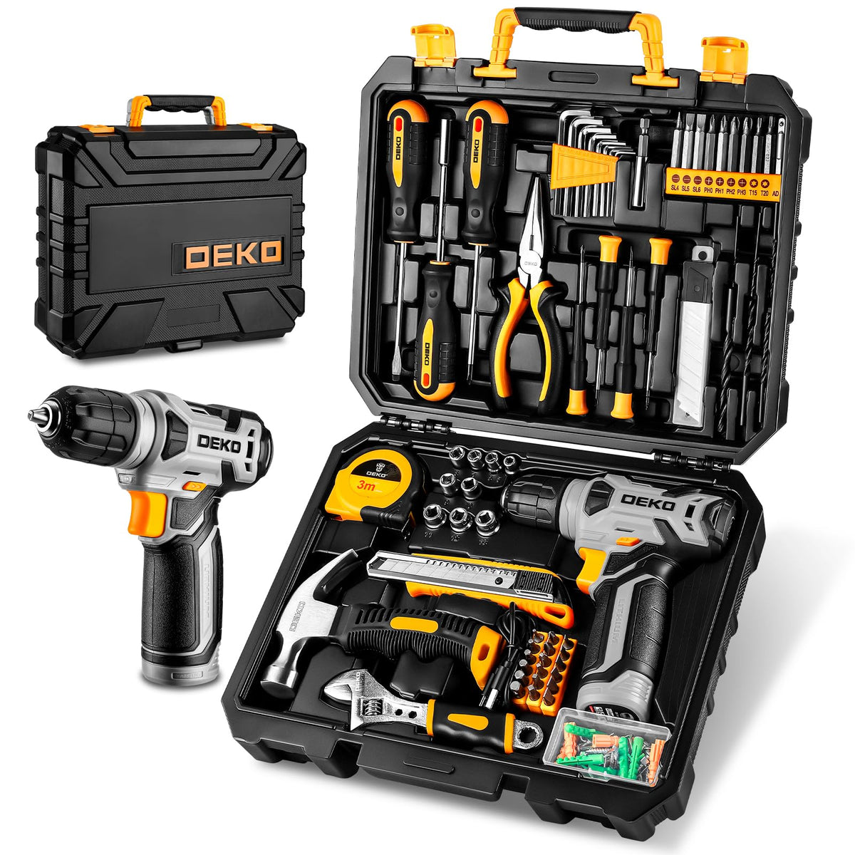 DEKO Caja Herramientas Completa con Destornillador Electrico/Taladro con bateria de 8V, Maletin de 126 Piezas, Caja profesional de herramientas Domésticas de Bricolaje para Oficinas y Jardín, Gris