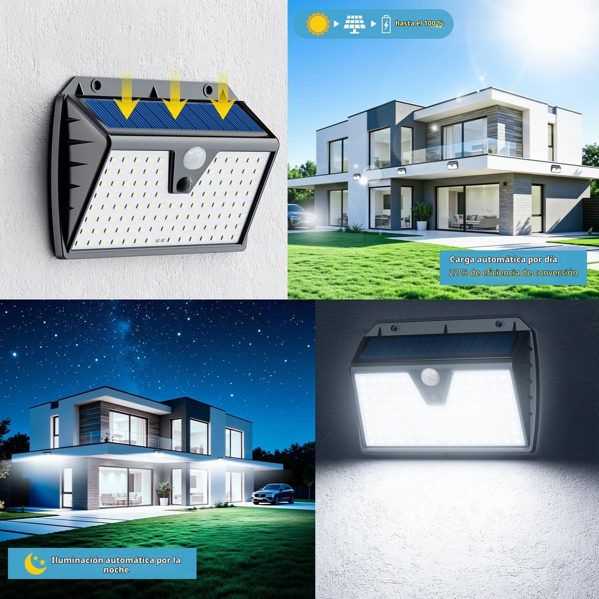 Luz Solar Exterior con Sensor de Movimiento, 4 Paquete/3 Modos IP65