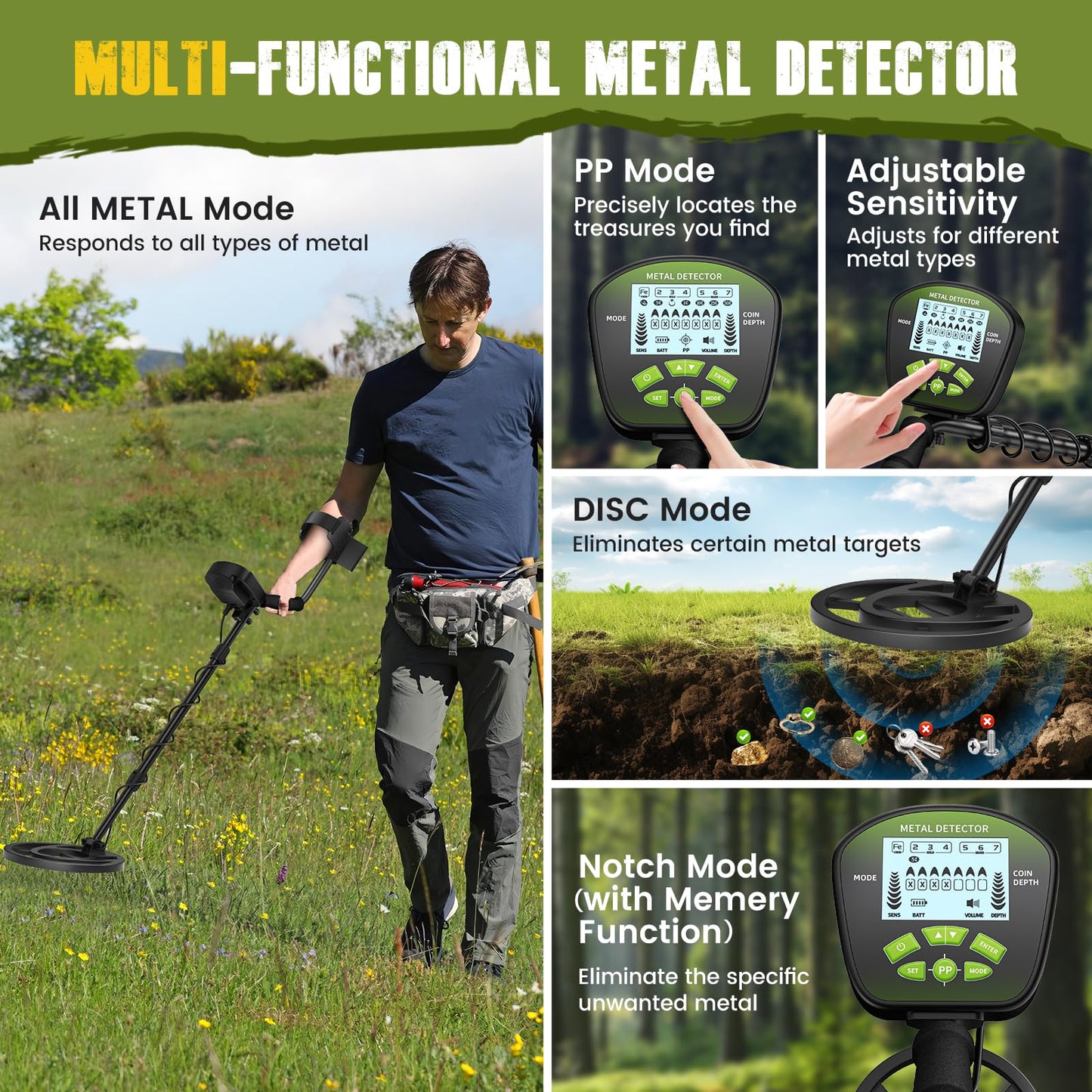 HIUYRFS Detector de Metales Profesional para Adultos y Niños, Longitud Ajustable (113-141 cm), Set de Detector de Metales con Bobina de Búsqueda Resistente al Agua IP68 (Verde)