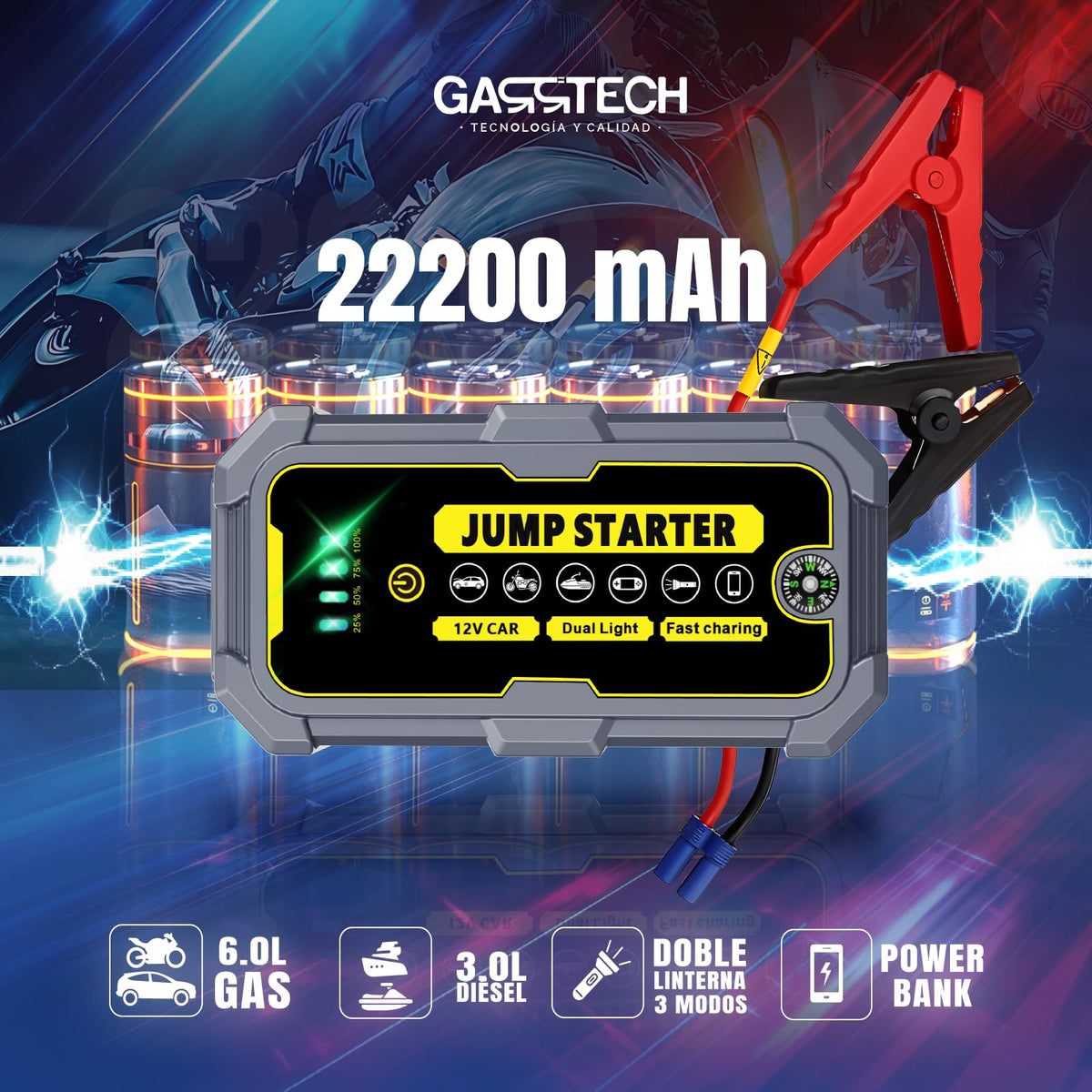 GARRTECH® SUPER Arrancador De Baterias De Coche 10.000A ULTRA RÁPIDO | Arrancador De Coches 12V Para Motor 10L Gas o 9.0L Diésel | Arrancador De Coches Portatil con pinzas | Linterna Led De Emergencia