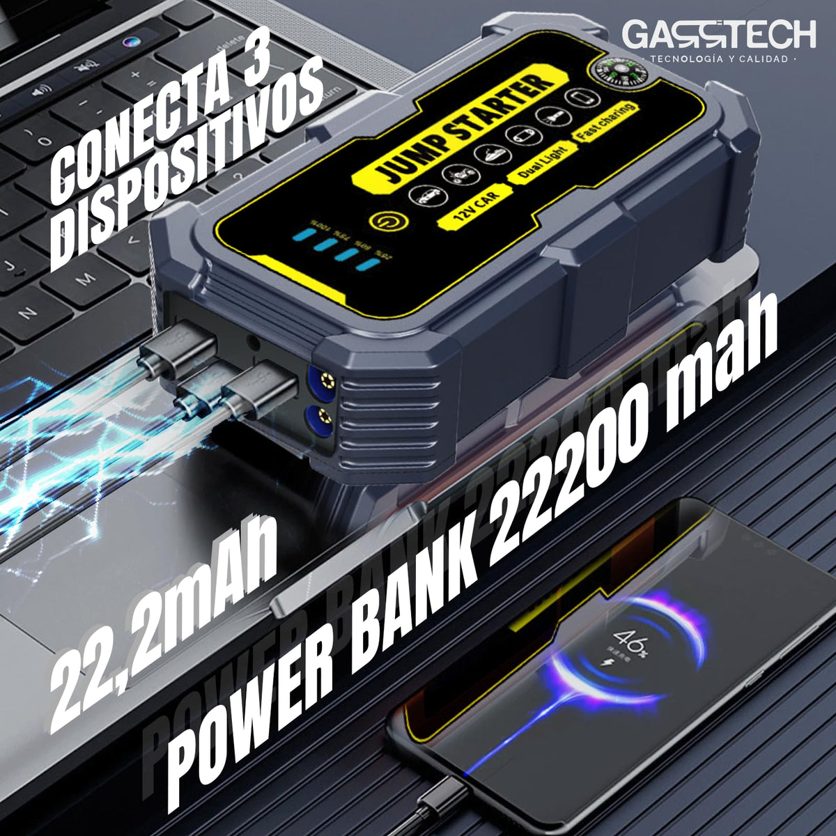 GARRTECH® SUPER Arrancador De Baterias De Coche 10.000A ULTRA RÁPIDO | Arrancador De Coches 12V Para Motor 10L Gas o 9.0L Diésel | Arrancador De Coches Portatil con pinzas | Linterna Led De Emergencia