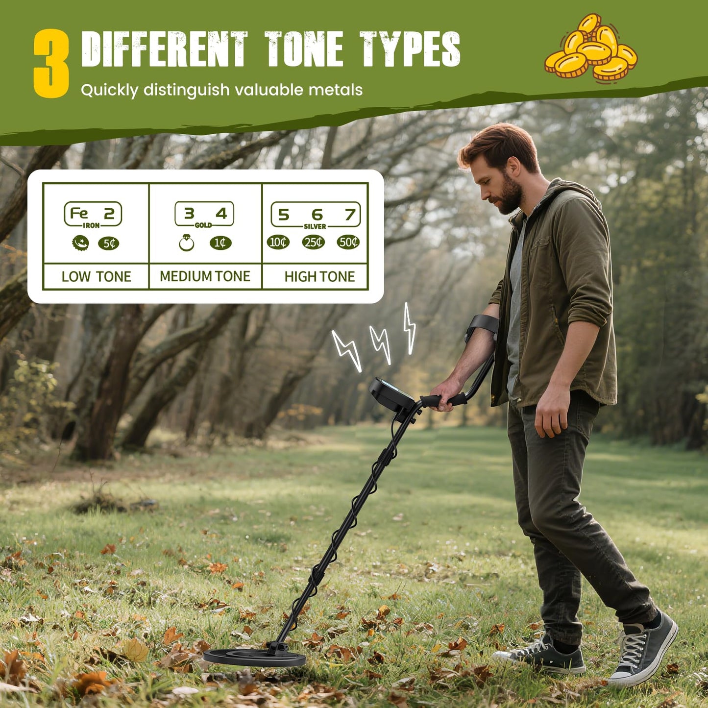 HIUYRFS Detector de Metales Profesional para Adultos y Niños, Longitud Ajustable (113-141 cm), Set de Detector de Metales con Bobina de Búsqueda Resistente al Agua IP68 (Verde)
