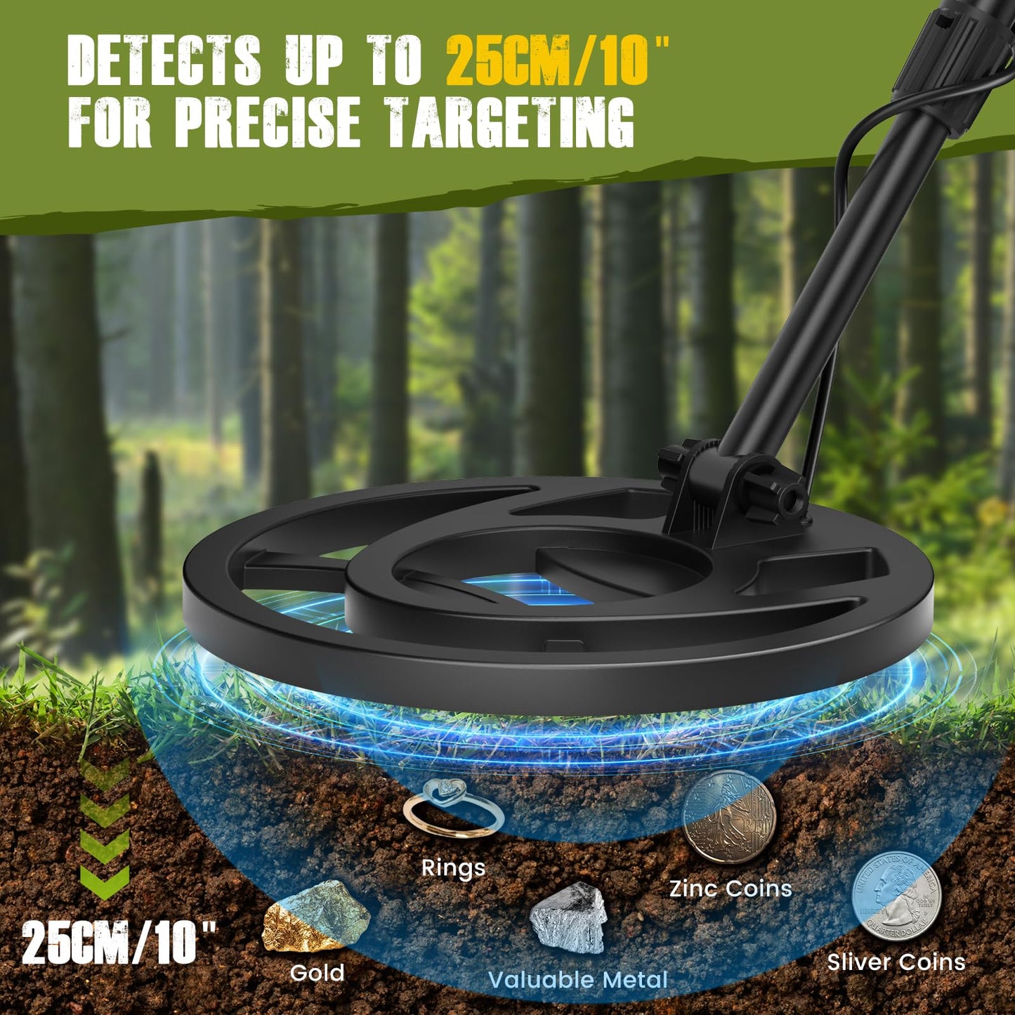 HIUYRFS Detector de Metales Profesional para Adultos y Niños, Longitud Ajustable (113-141 cm), Set de Detector de Metales con Bobina de Búsqueda Resistente al Agua IP68 (Verde)