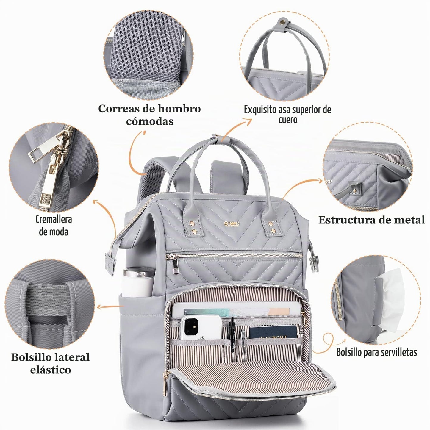 RJEU Mochila Viaje Mujer,Impermeable Mochila Ordenador Portatil para Profesora,Enfermera Trabajo,Mochila Escolar para Adolescentes,Regalos para Mujeres,Gris