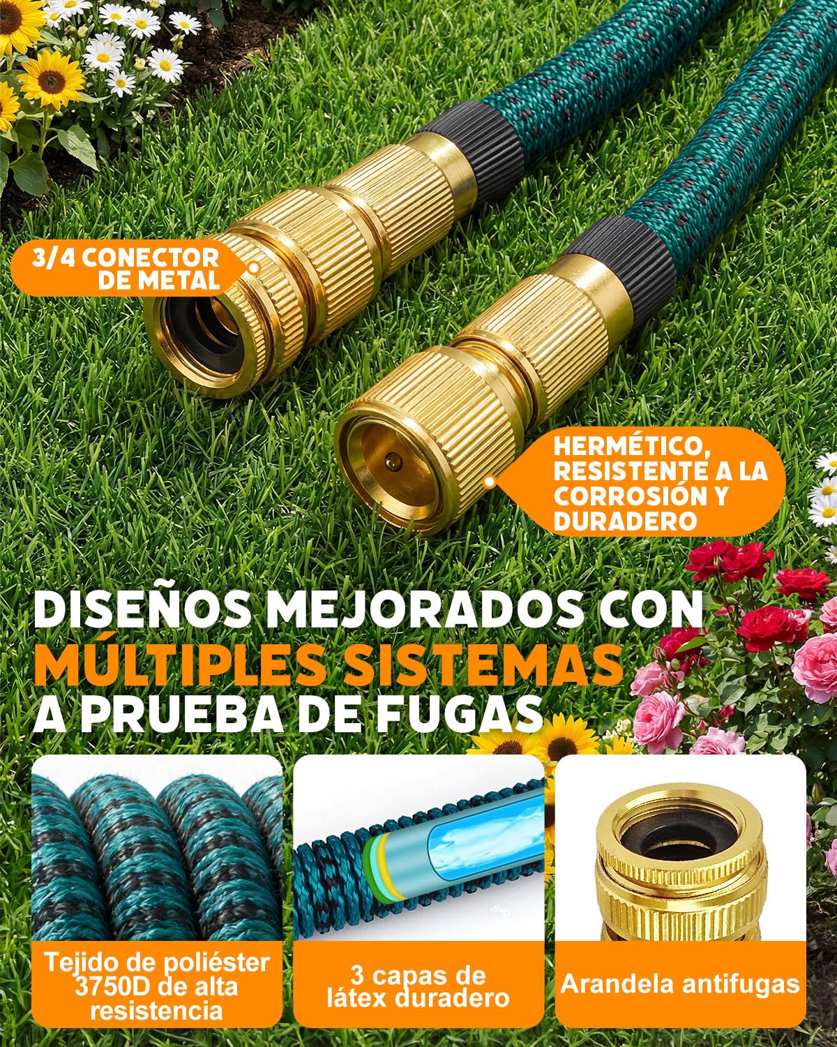 Evviee Manguera Jardin Extensible, Manguera Extensible 30 Metros con 10 Boquillas de Patrón de Pulverización Conector de Latón Tela 3750D Manguera, Adaptadores de 1/2" y 3/4" para Jardinería