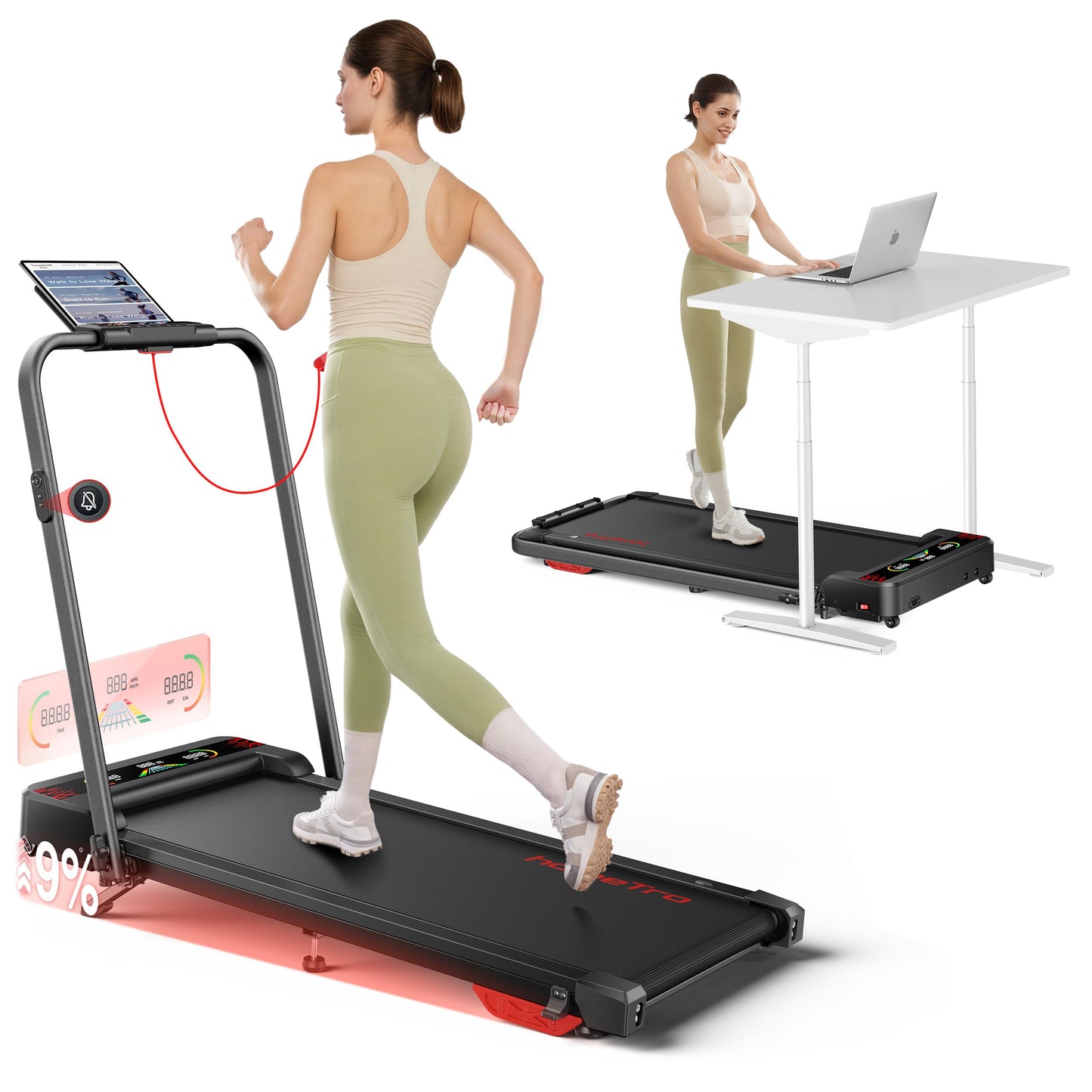 HOMETRO Cinta de Correr y Andar Plegable,Cinta Eléctrica 5 en 1 con 9% Inclinación Alta, 2.5HP (12 km/h),Walking Pad Inteligente con App y Bluetooth,Gym en Casa