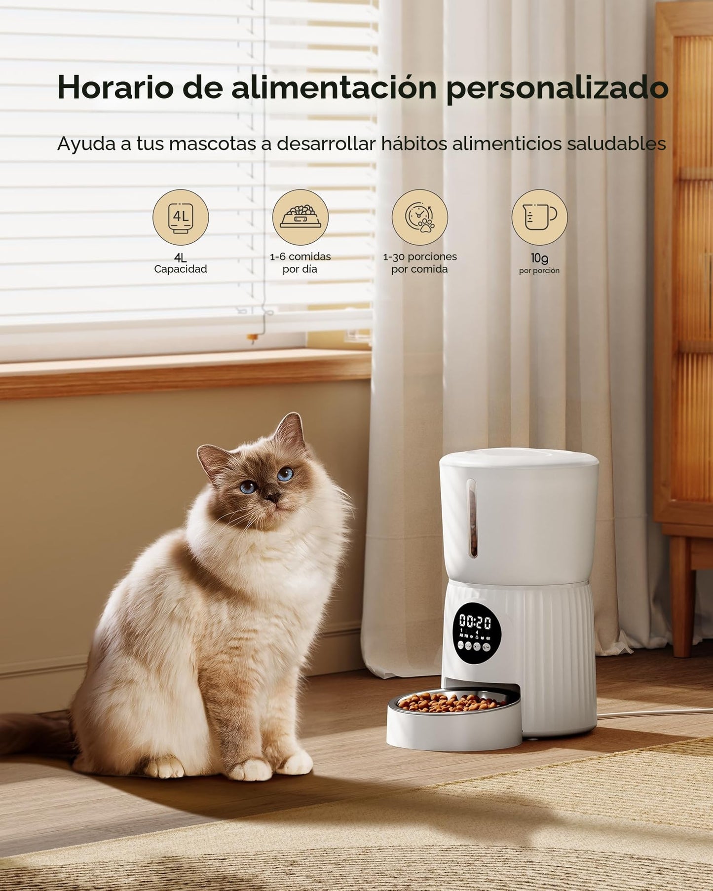 Comedero Gato Automatico, Faroro 4L Dispensador Comida Gatos/Perros con 1 a 6 Comidas Al Día, Control de Porciones, Voz 10s, Alimentación Lenta (Blanco)