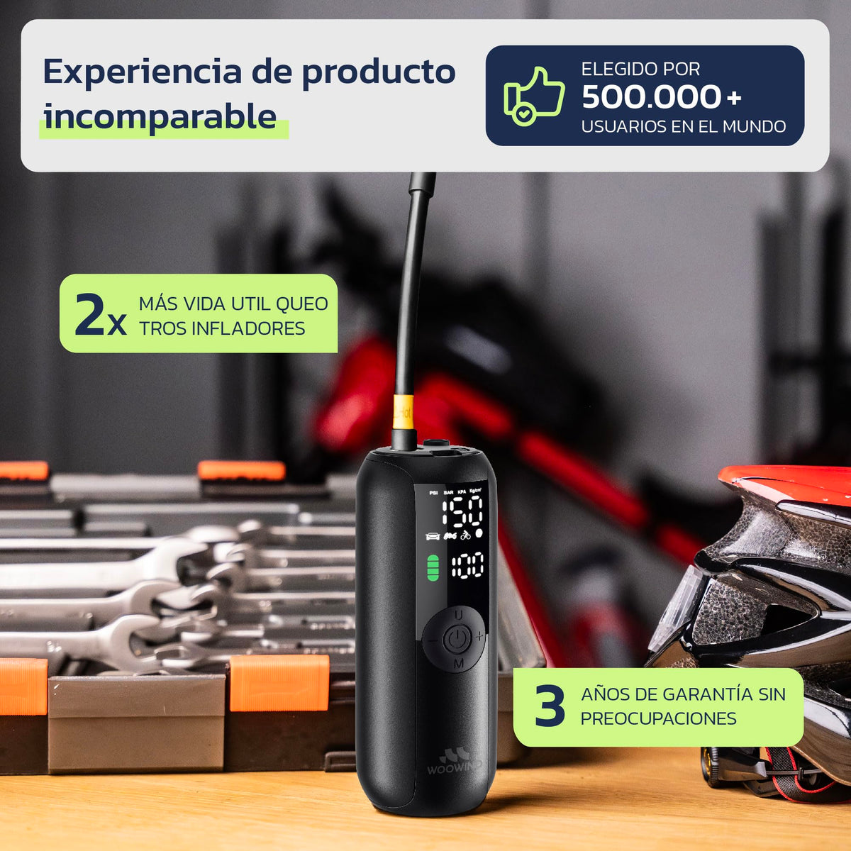 Woowind Inflador Ruedas Coche, Bici y Moto, Apagado Automático, 10,3 Bar