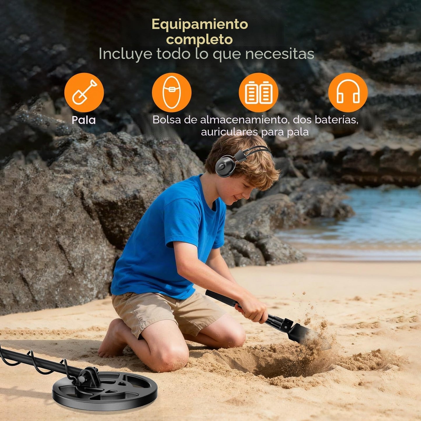 Detector de metales para adultos y niños, bobina impermeable IP68, detector de oro ajustable en altura 94-122cm, profundidad 18cm, diseño ligero para oro, monedas, búsqueda en playa(Azul-Negro (Juego)