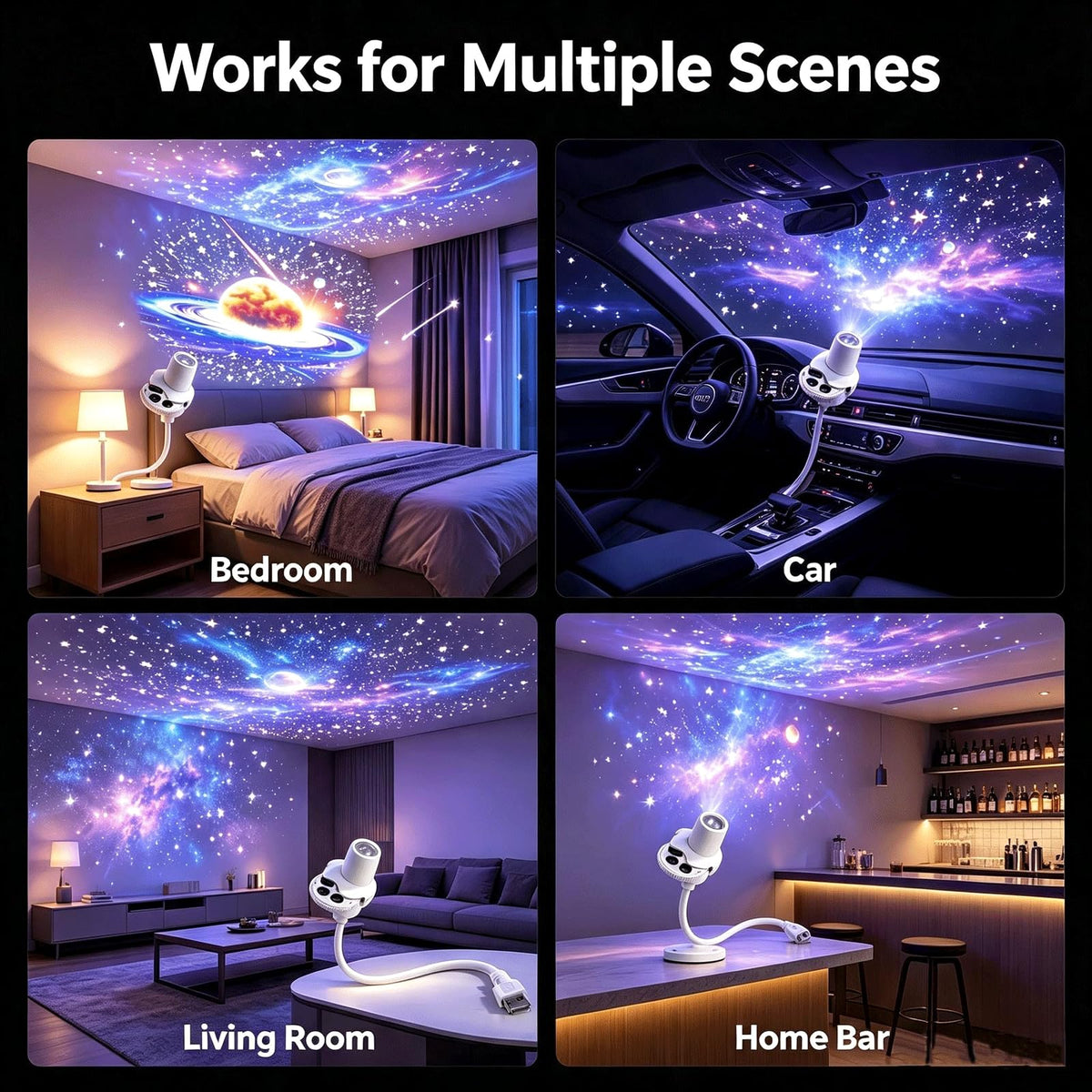 KQLHLHDYZ Luz nocturna con proyector de galaxias, proyector holográfico 5D con 15 motivos, alimentación por USB, ajustable en 360°, proyector de luna y estrellas para el dormitorio