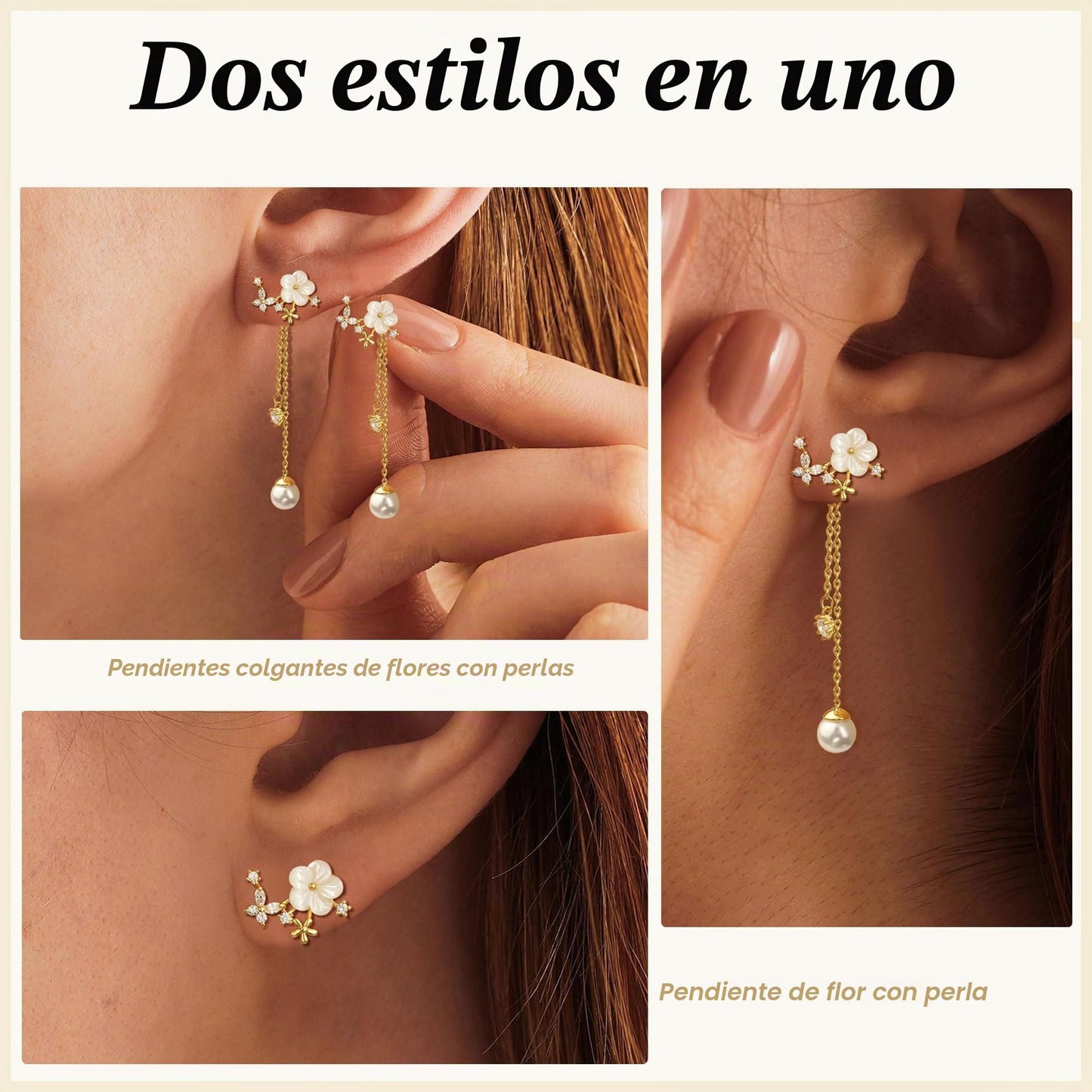 Pendientes Perlas Flores Pedrería Pendientes Oro Mujer Colgantes Dorados Earrings for Women Largos para San valentin, Cumpleaños, Regalo, Boda
