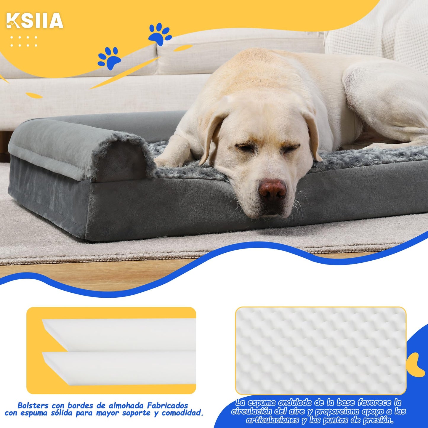 KSIIA Cama Perro Grande, Cama Ortopédica para Perros (90x57x16cm) Desenfundable y Lavable, Sofá para Perros, Gris, L